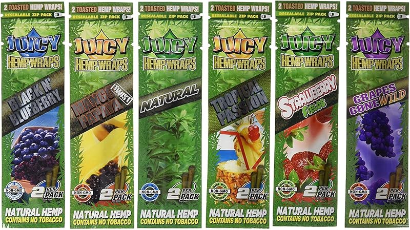 12 Total Natural Juicy Jays Hemp Wraps Variety Pack Bundle Mixed Flavors (6 Packs of 2) Made of Pure Hemp Non Tobacco + Limited Beamer Smoke Sticker