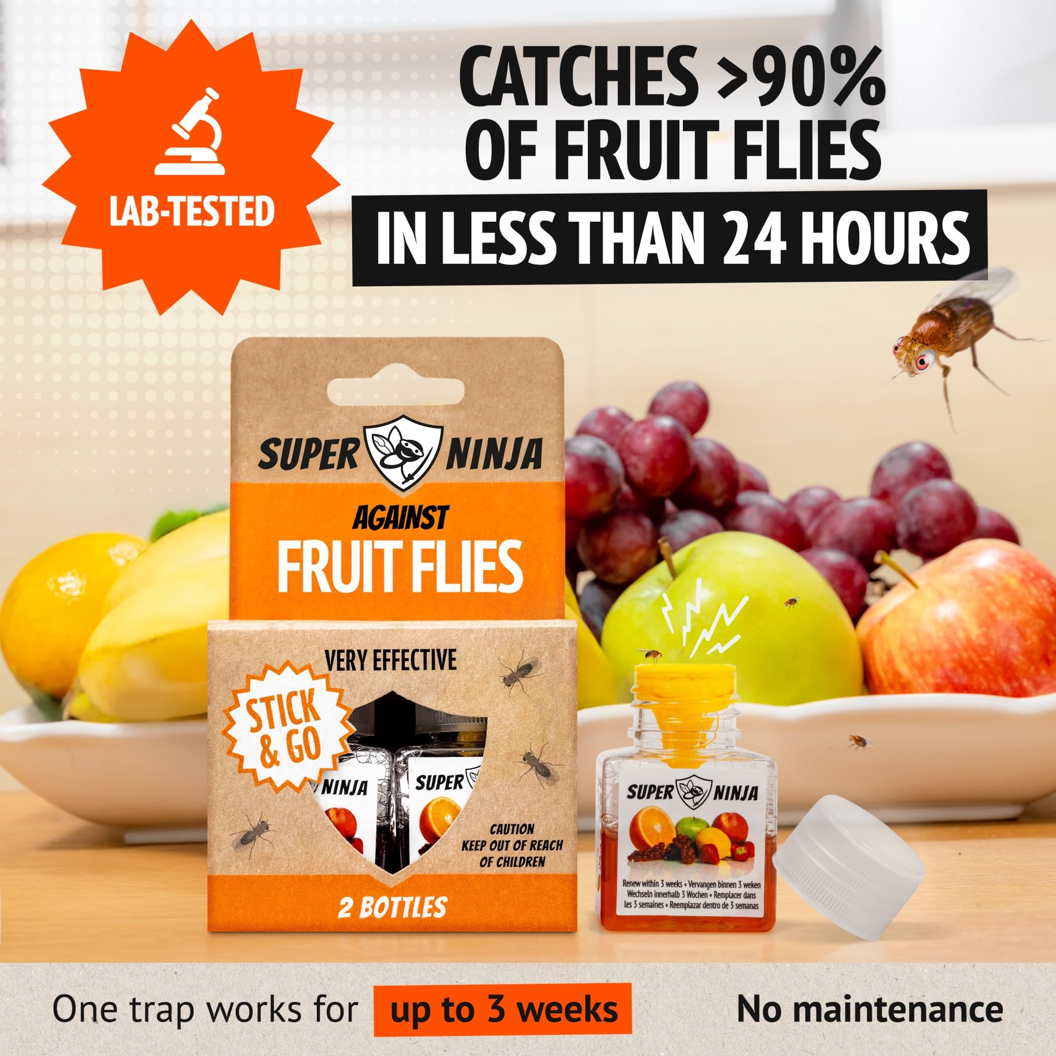 Super Ninja Fruit Fly Trap, 6 pack, Highly Effective Fruit Fly Killer for Home & Kitchen - Image 2