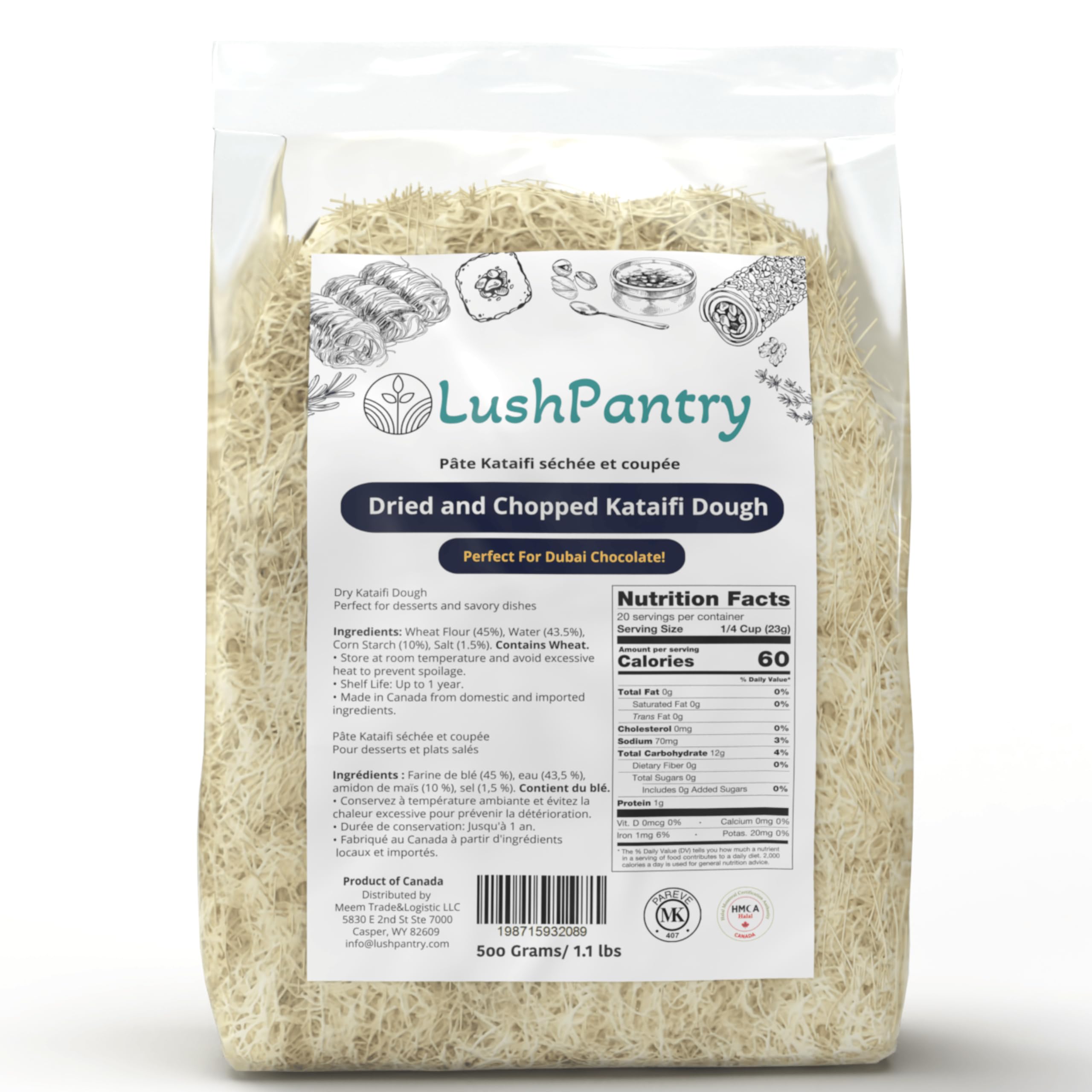 Lushpantry Kataifi Dough, Dried and Chopped for Dubai Chocolate, Kunafa & Baklava, Kataifi Shredded Fillo Dough 500 gr/ 1.1 lb (1.1 lbs, Dry kataifi)