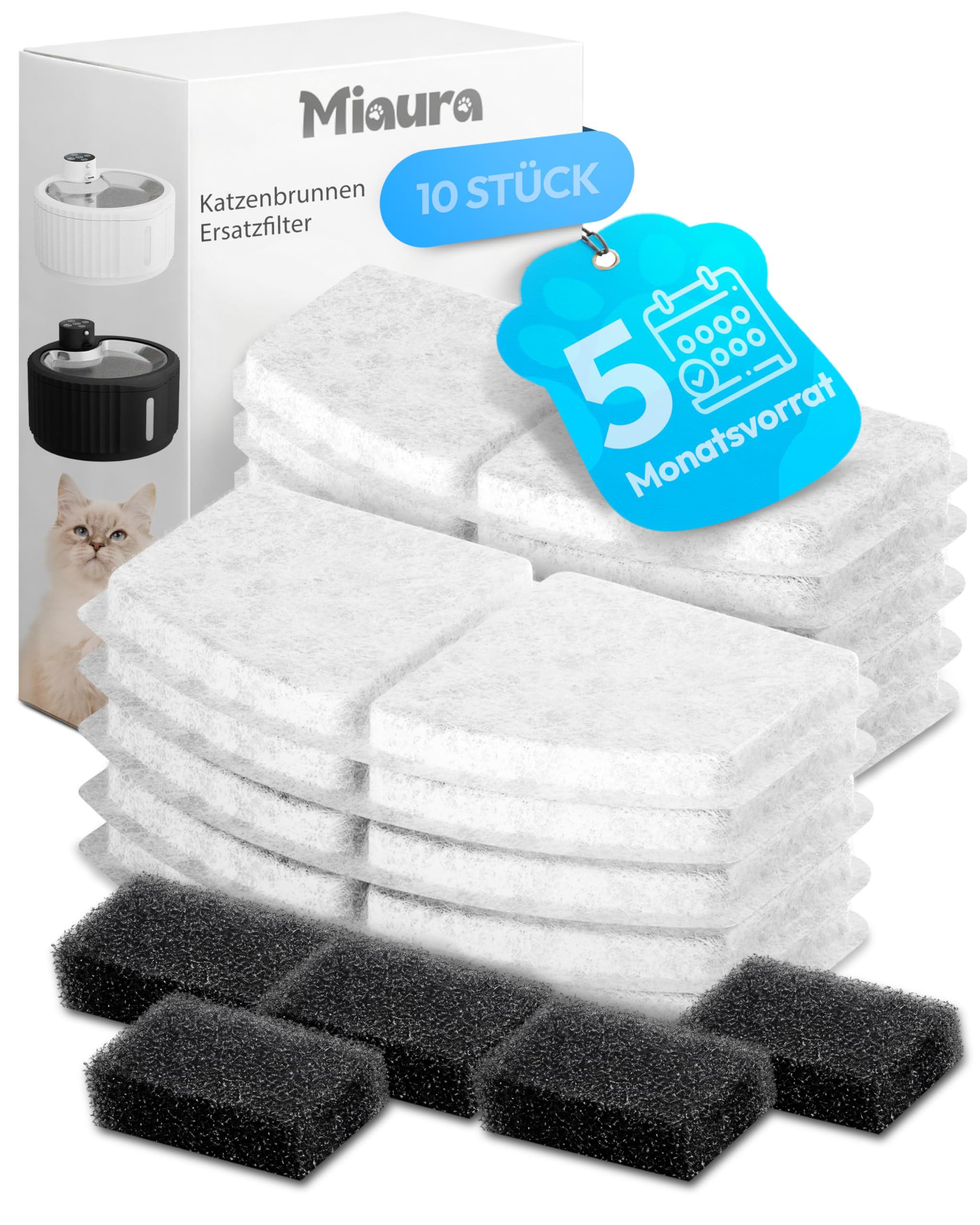 Miaura® Pack of 10 Filter for Cat Fountains, High-Quality Cat Fountain Filter for All Miaura Cats Drinking Fountains, 5 Month Supply, Accessories Drinking Fountain Cats