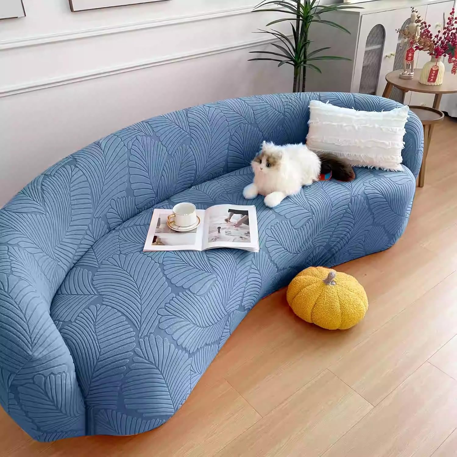 Stretch Semi-Circular Curved Sofa Cover, Jacquard Curved Couch Cover Non-Slip Modern Cloud Sectional Sofa Slipcover (Light Gray,4seat [ 92-118 inch])