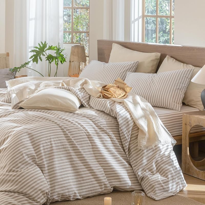 MooMee Striped Duvet Cover Set 100% Washed Cotton Linen Like Queen image 3