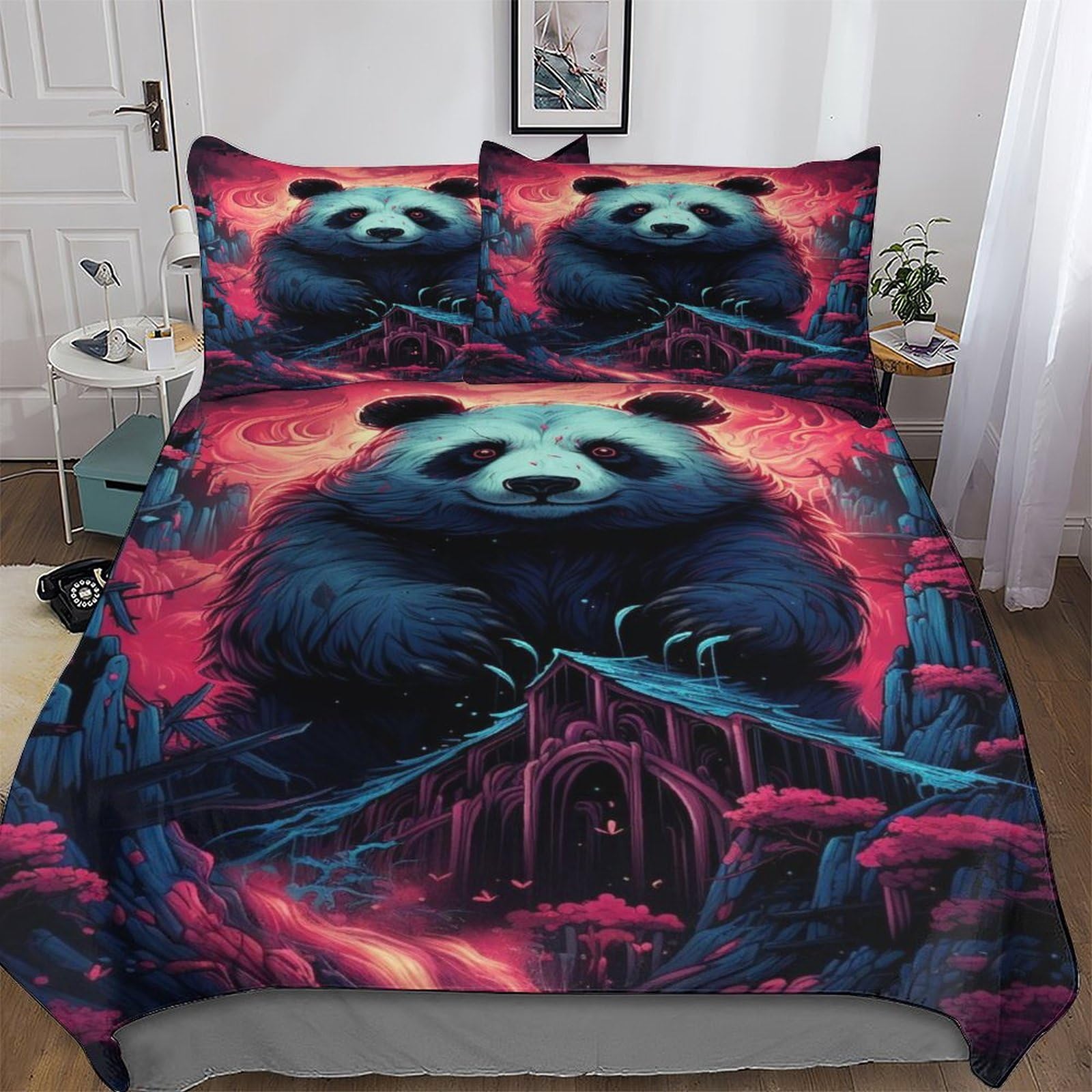 Parure de lit panda avec housse de couette double 200x200 et taies d'oreiller