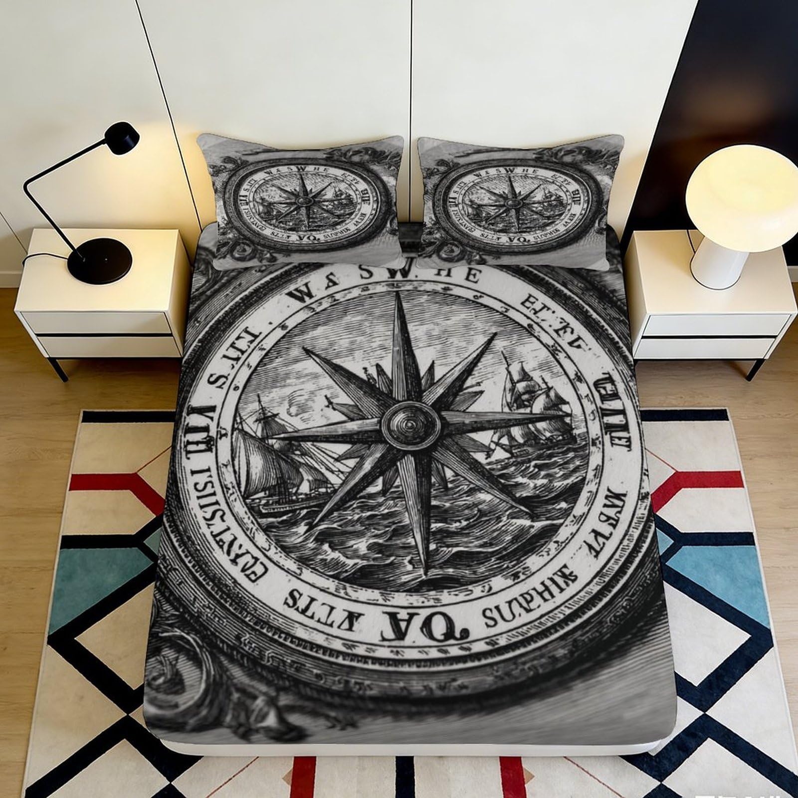 3D Printed Vintage Compass Fitted Sheet Microfiber Soft Nautical Map Bed Cover for Bedroom Dorm Decor Protection 90x200x25cm
