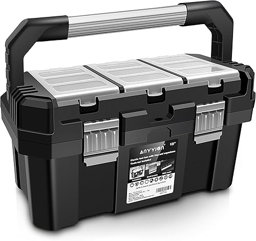 Anyyion Caja de herramientas de 17 pulgadas con bandeja extraíble con doble bloqueo de acero inoxidable asegurado, caja de piezas pequeñas, mango de