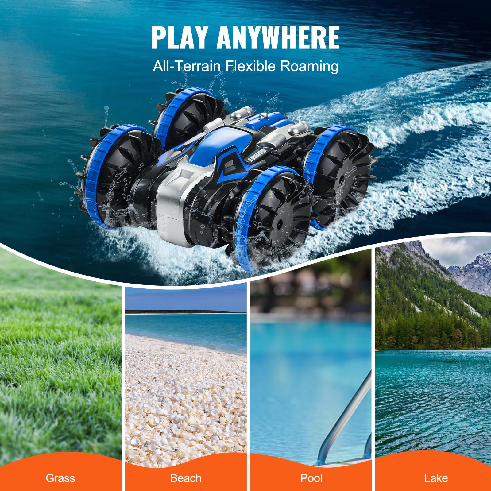 VEVOR Voiture télécommandée amphibie, 4WD étanche 2,4 GHz pour enfants, voiture télécommandée rotative à 360° avec 2 batteries, jouet tout-terrain, plage, piscine pour garçons et filles de 6 ans et