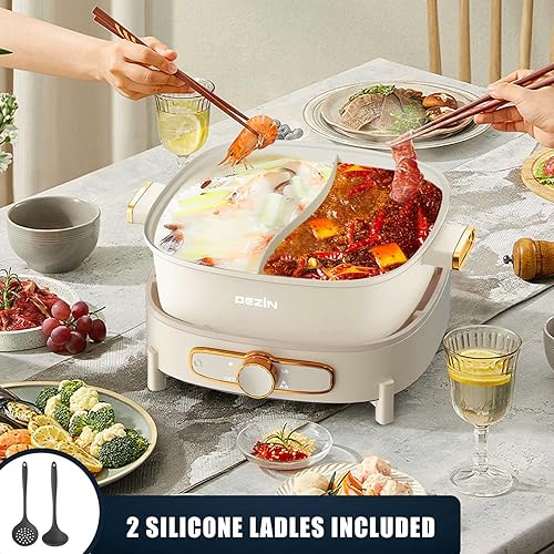 Miniatura 4 de Dezin Olla eléctrica caliente Shabu Shabu de 5.5 L, doble sabor, cocina antiadherente extraíble de doble cara, olla dividida de 3 pulgadas de