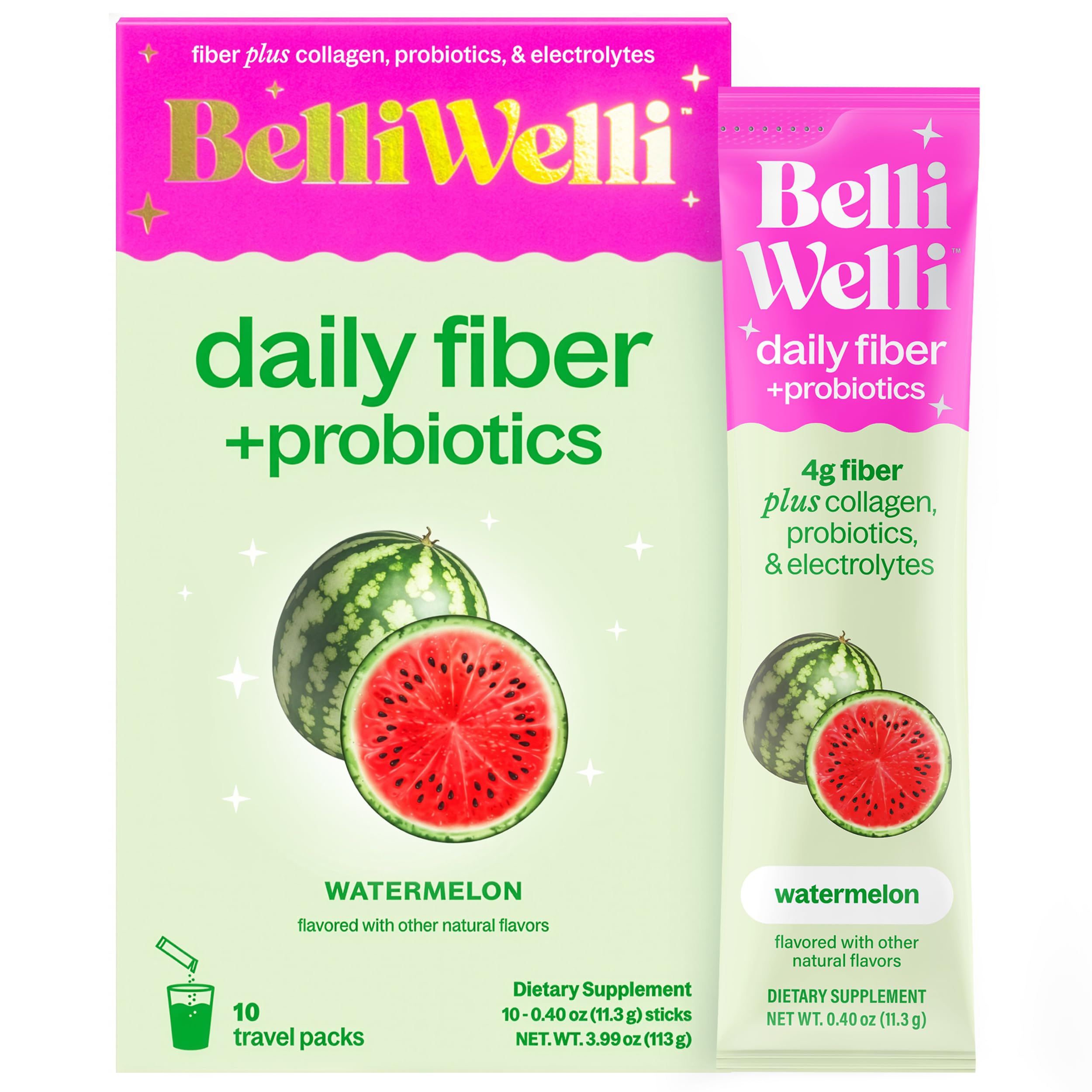 Belli Welli Suplemento de Fibra com Colágeno, Probióticos e Eletrólitos, Sabor Melancia, 10 sachês
