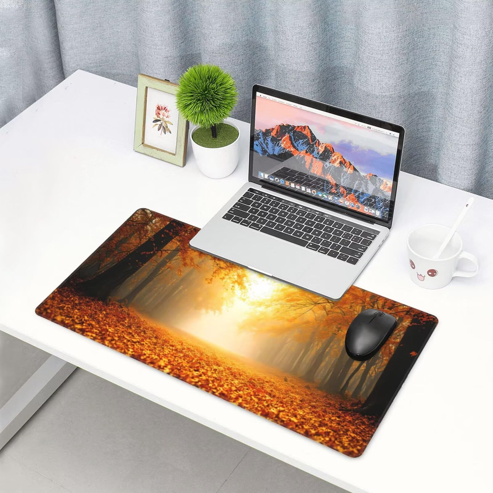 Leśna podkładka pod mysz, duża podkładka pod mysz 1200 x 400 mm, jesienna podkładka pod mysz do gier, podkładka na biurko ze zszytymi krawędziami, podkładka pod mysz z klawiaturą, do pracy, gier,