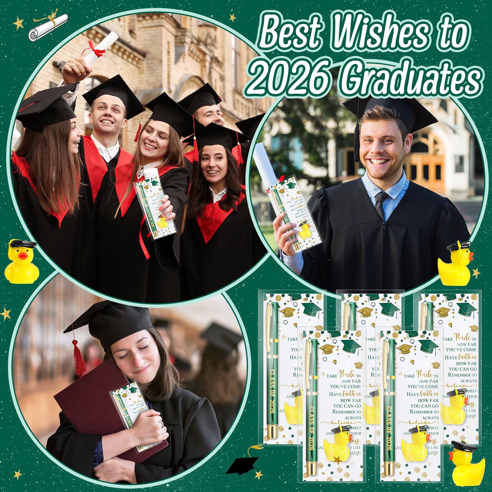 Sayglossy 30 juegos de regalos de graduación a granel clase de 2025 bolígrafos de tinta de gel, minicarjetas de resina amarilla, decoración de fiesta de graduación, recuerdos para estudiantes (verde)