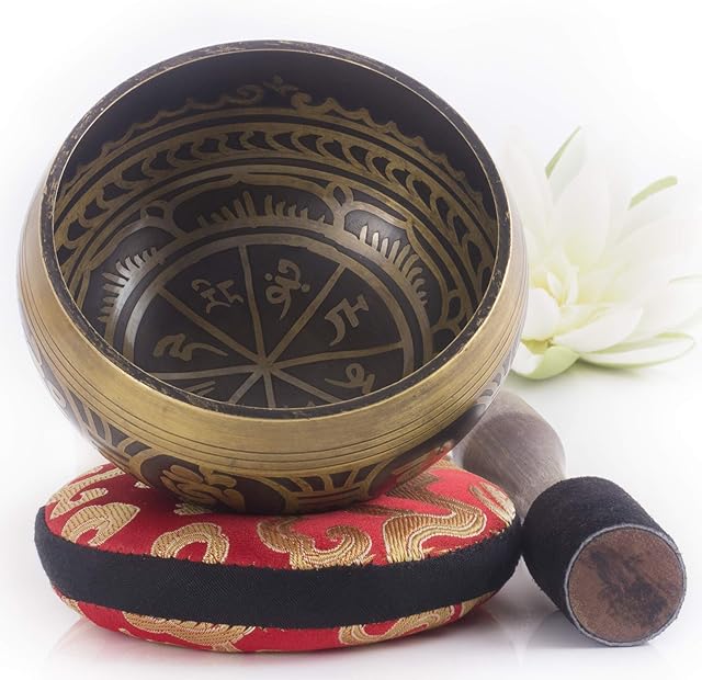Tibetan Singing Bowl Set ~ Easy to Play with Dual-End Striker & Cushion ~ Beautiful Sound for Holistic Healing, Stress Relief, Meditation & Relaxation ~ Gratitude Pattern ~ Brown Bowl