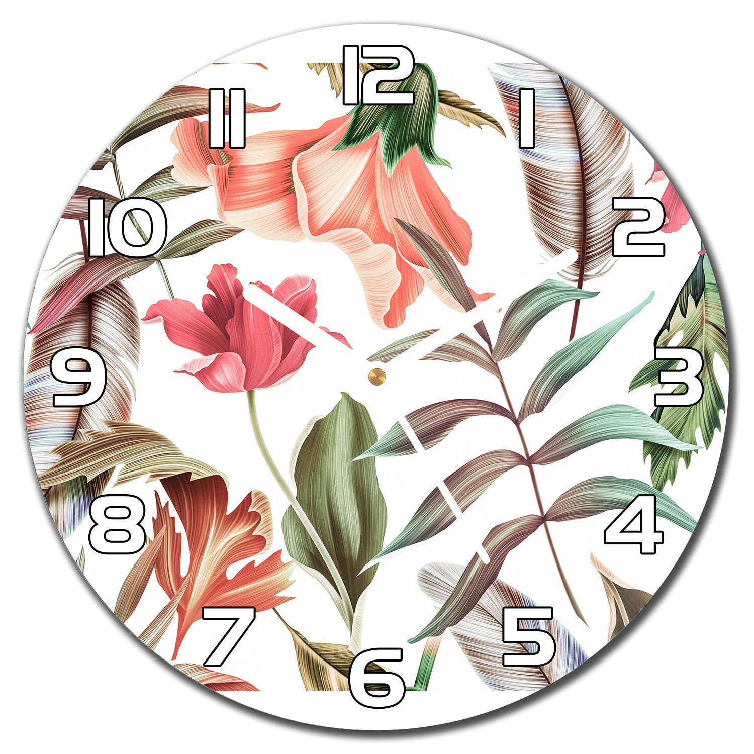 Horloge de cuisine 30 cm en verre avec aiguilles blanches lisibles et motif de plantes