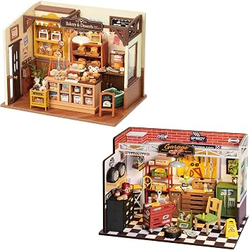 ROBOTIME Miniature House Kit DIY Mini Dollhouse Tiny House Making Kit with LED Light Decorative Wooden Craft Diroma Kit Hobby Gift (Garage Workshop&Becka's Baking House)