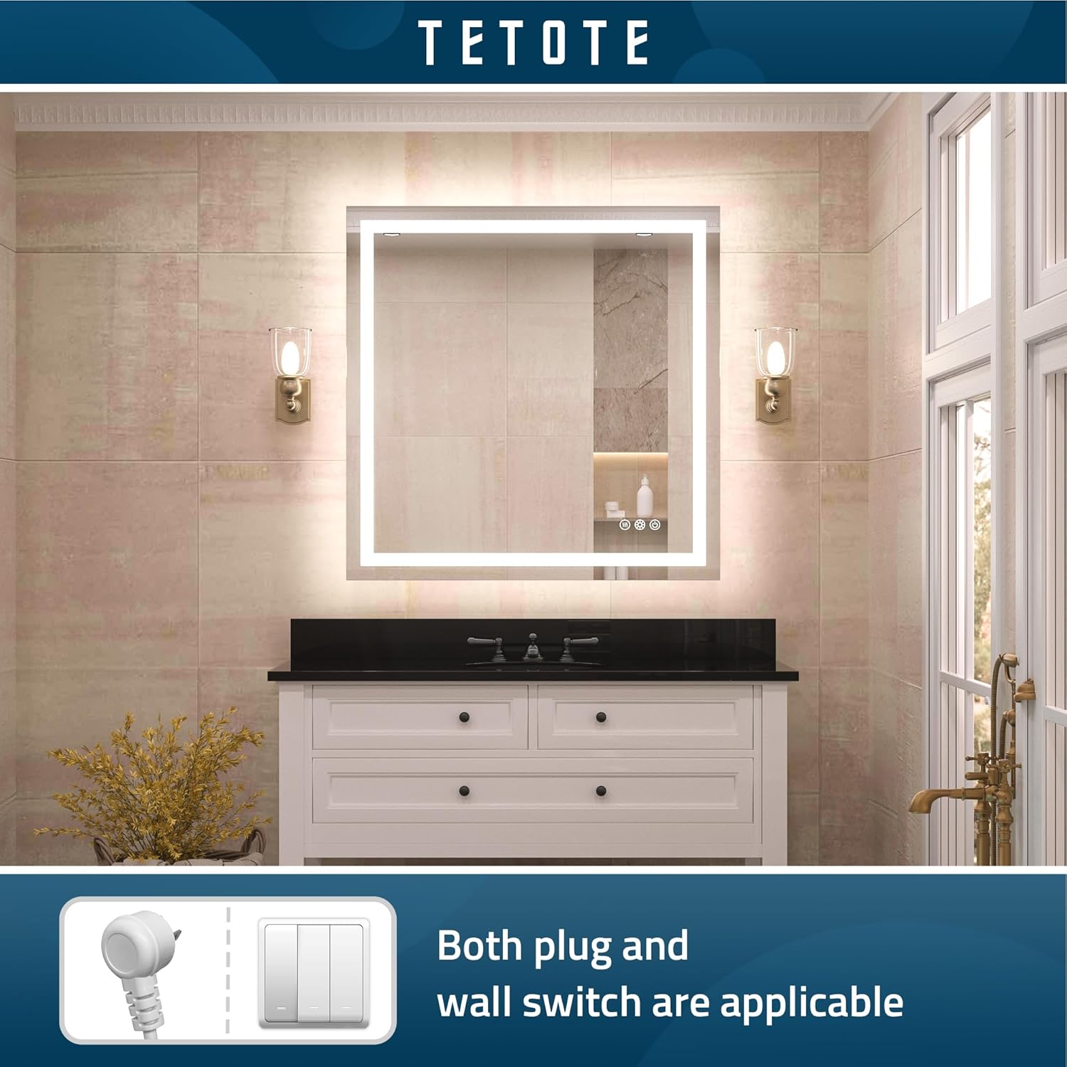 TETOTE Bathroom Mirror with Lights 36x36 Inch Frontlit & Backlit Lighted Vanity Mirror Anti Fog Stepless Dimmable White/Warm/Natural,CRI90+ Double Lights,Wall-Mounted(Horizontal/Vertical)