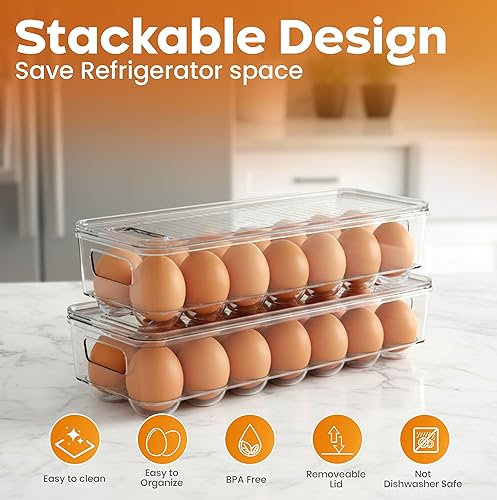 Miniatura 4 de Utopia Home Recipiente para huevos con tapa y asa para refrigerador, paquete de 1, soporte para huevos apilable transparente para almacenamiento y
