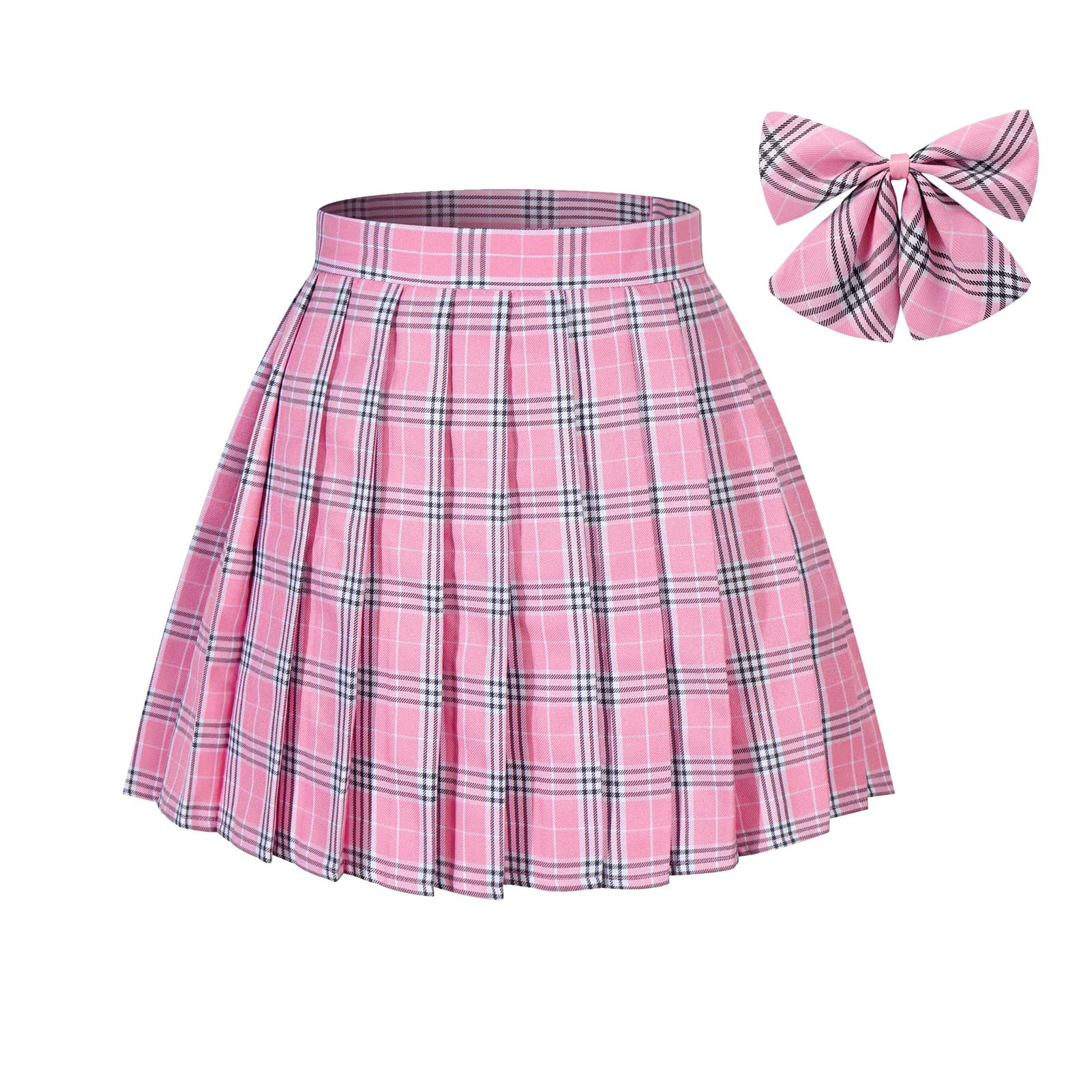 BSJIA Women's Plaid Pleated Skirt High Waisted Japanese JK School Uniform A-line Skirt with Ties, Pink, M