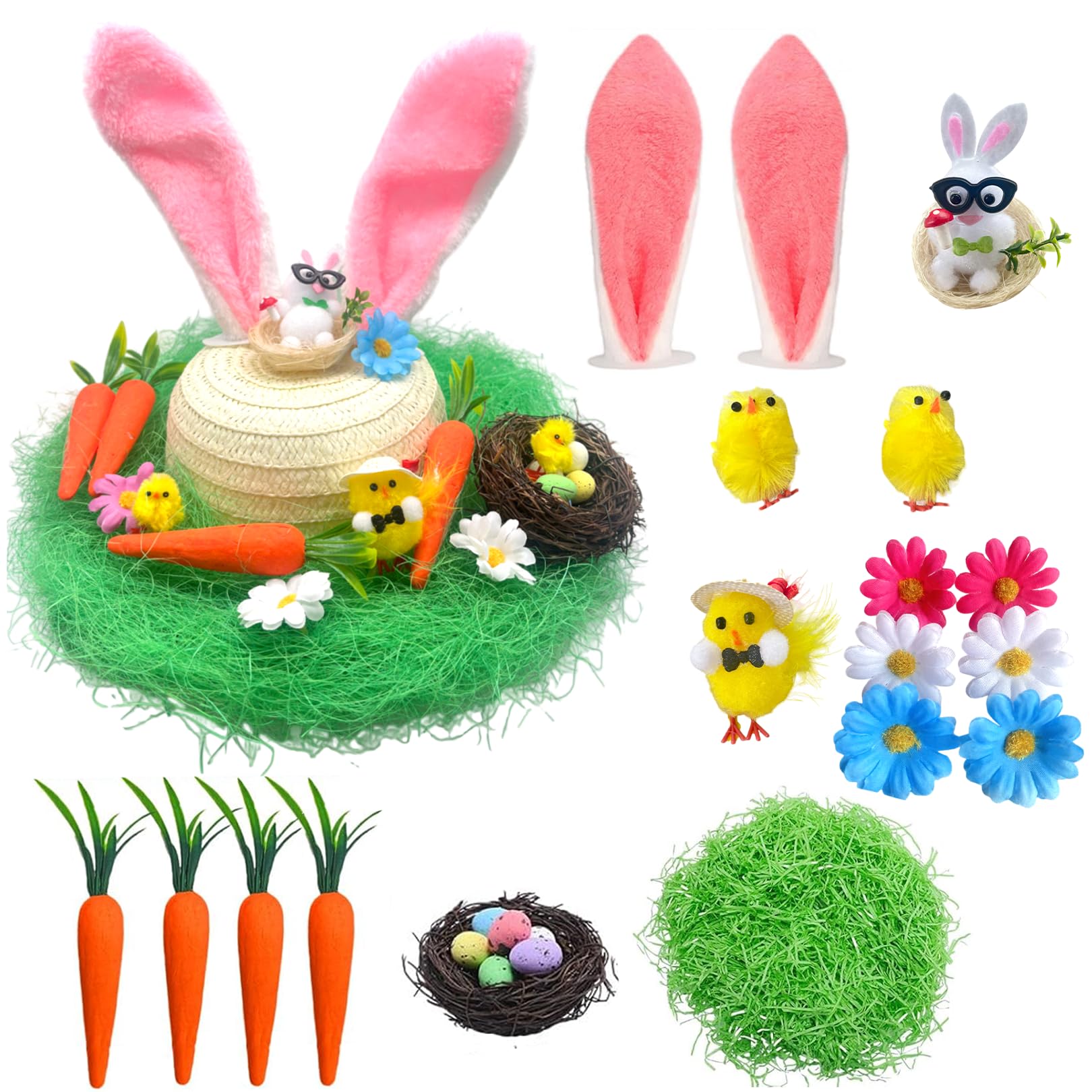 Easter Bonnet Kit, DIY Easter Bonnet Hat with Bunny Ears, Chicks, Eggs, Nests & Flowers, Make Your Own Easter Hat Craft Set for Easter Decorations & Easter Gifts