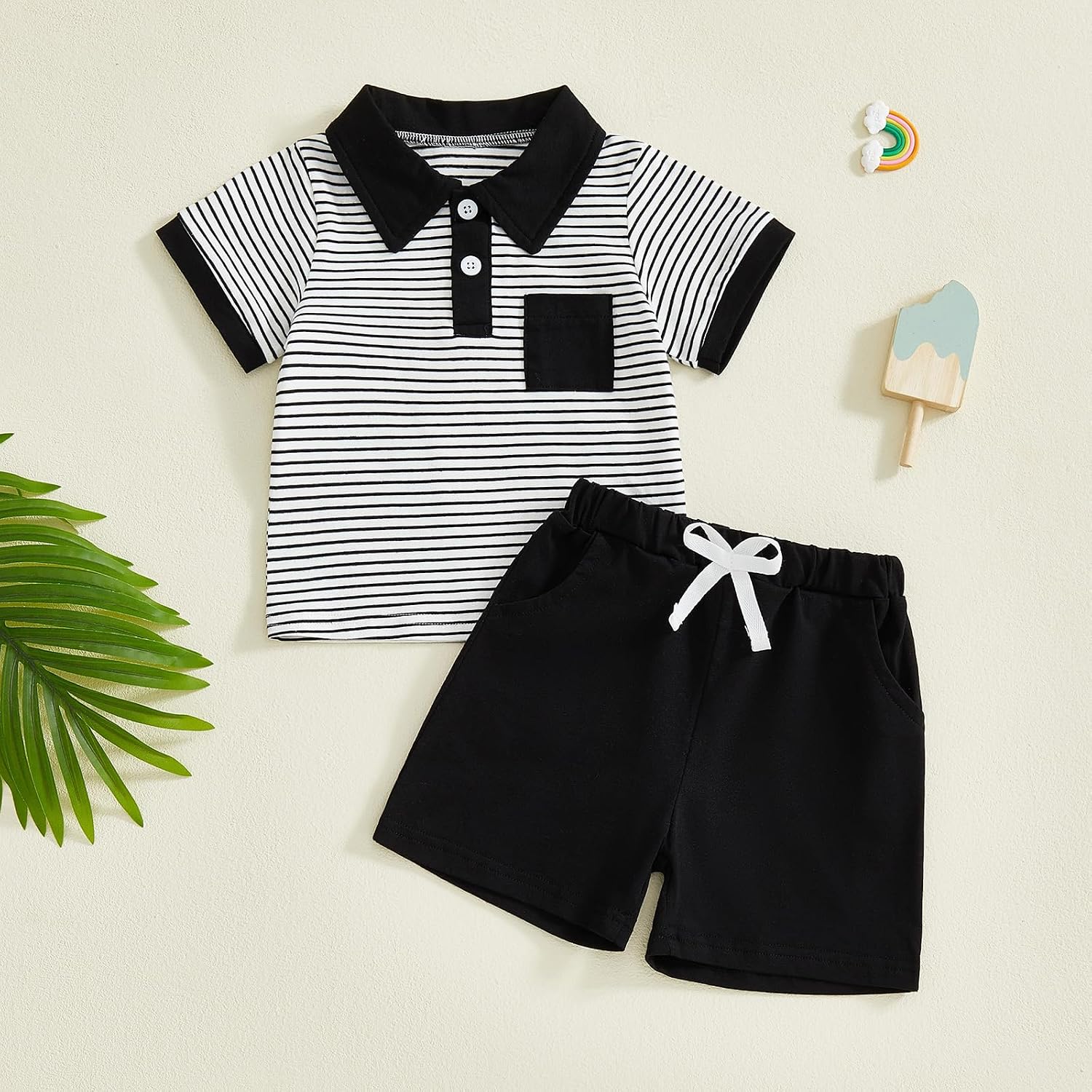 Toddler Boy Summer Clothes Striped Short Sleeve Button Shirt Tops Solid Shorts Set 2Pcs Casual Outfit with Pockets