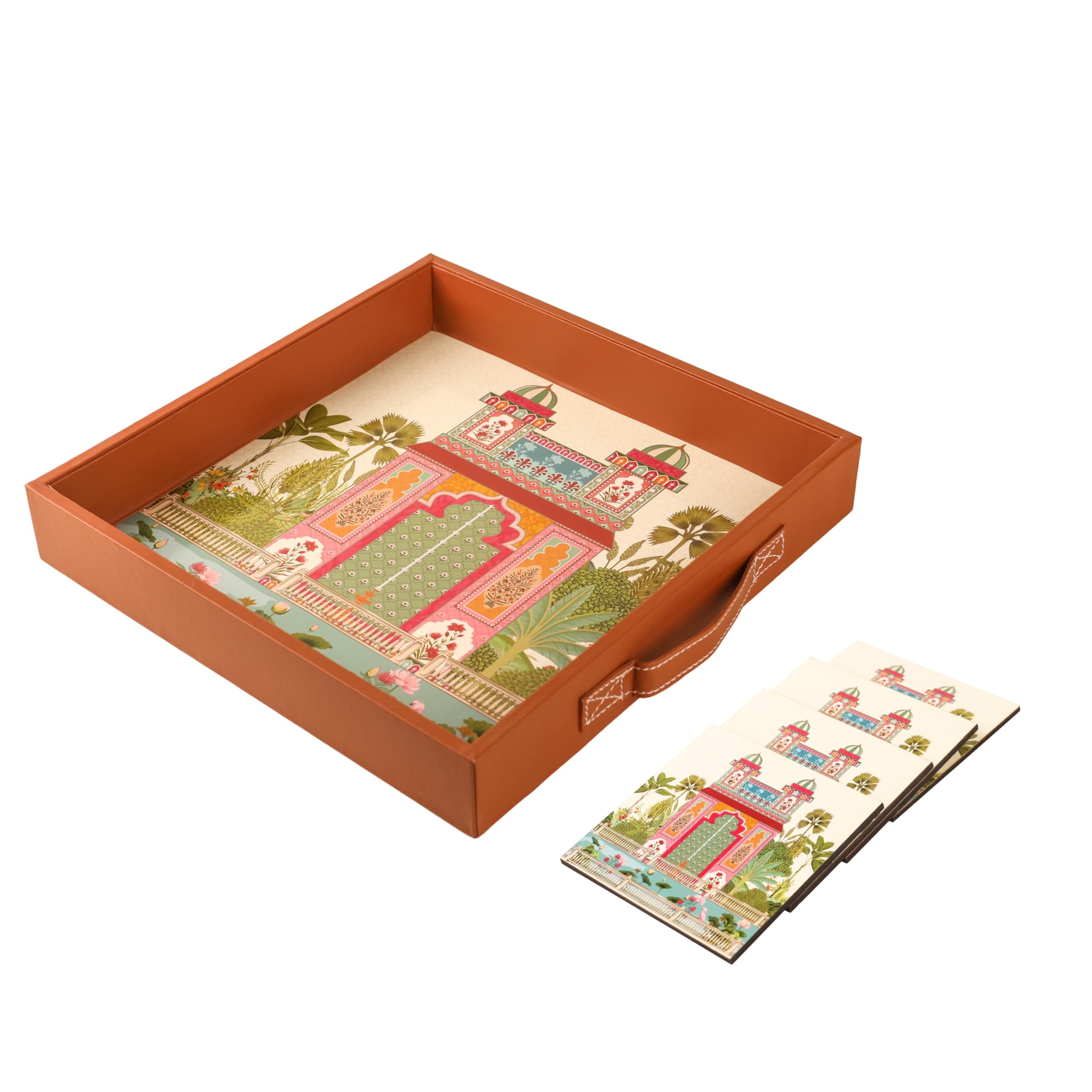 Birch & Co. Wooden Tray For Serving-Free 4 Coasters-12 In X 12 Inch-Serving Tray-Tray Set For Decoration-Round Shape Tea Trays-Big Coffee Tray-Premium Mdf Trey-Wooden Serving Trays-Resin Tray,Ancient