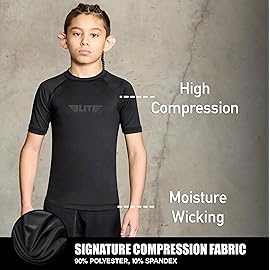 Elite Sports Kids Jiu Jitsu BJJ Rash Guard, Short Half Sleeve Compression Shirt for Youth Boys Girls Sports Nogi Training Black