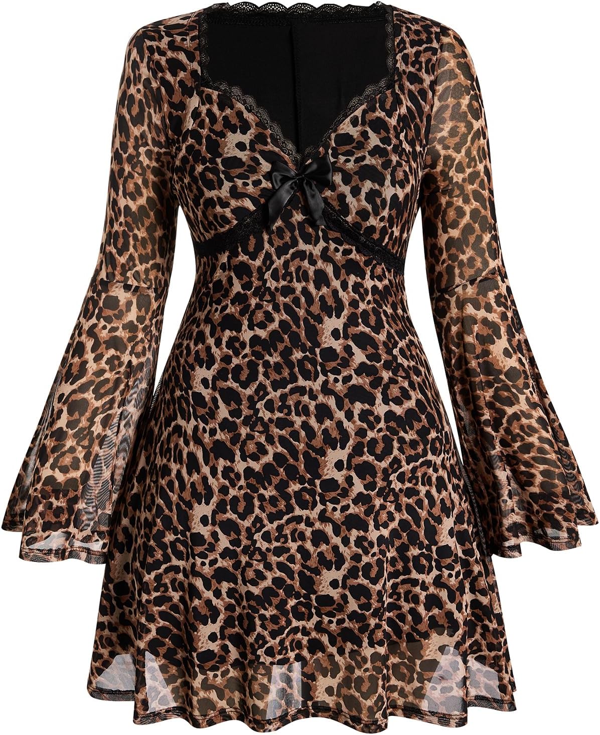 BEAUDRM Women's Y2k Plus Size Hippie Vintage Boho Dress Leopard Bell Long Sleeve V Neck Bow Mesh Goth Mini Dresses