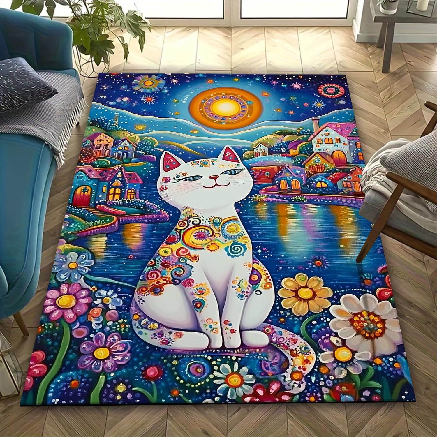 Tapis salon moderne chat 3D carré lavable et tapis d'intérieur 964K546W