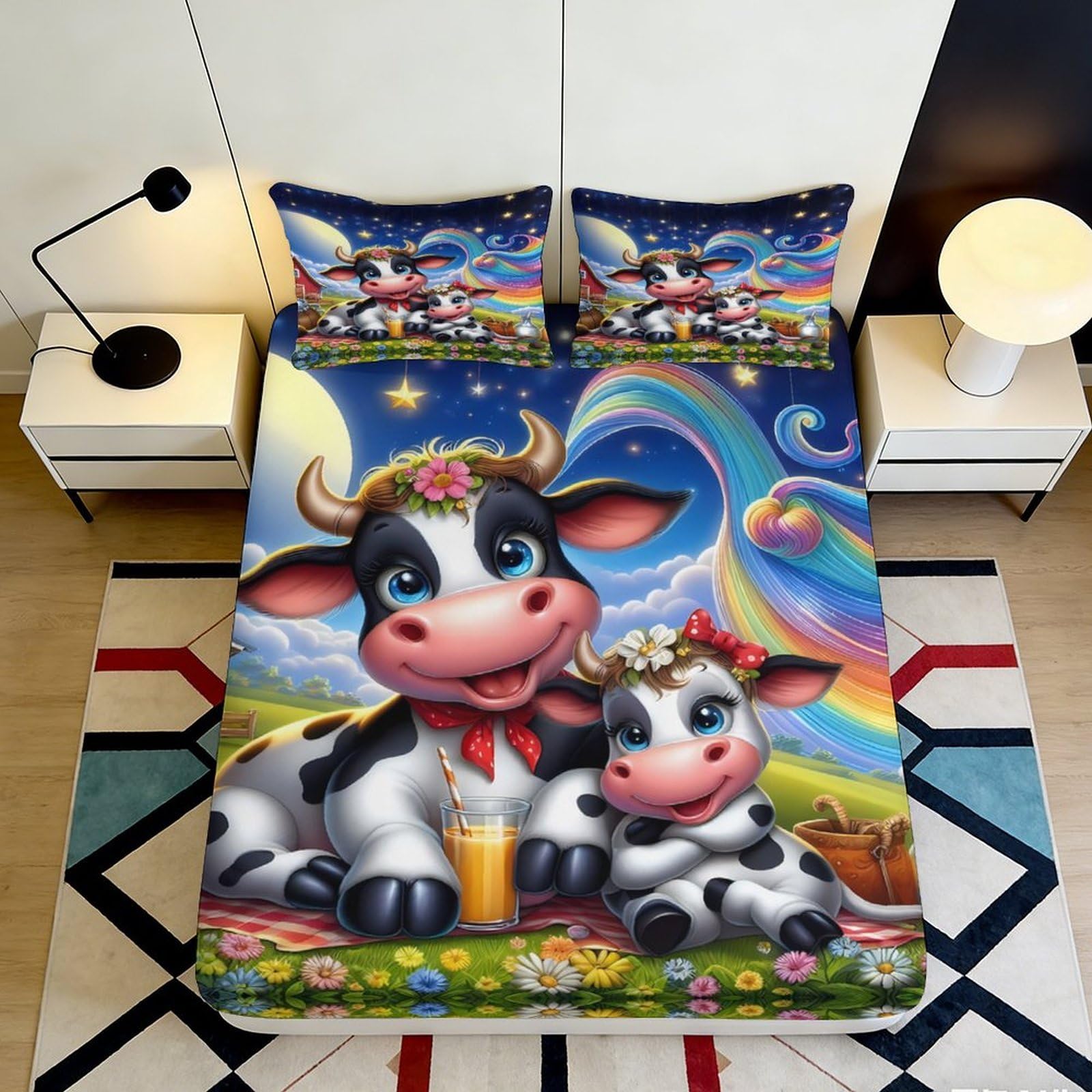 3D Printed Cute Cartoon Cow Fitted Sheet Microfiber Soft Breathable Rainbow Bed Cover for Bedroom Dormitory Guest Room Mattress Protection Decor 90x200x25cm