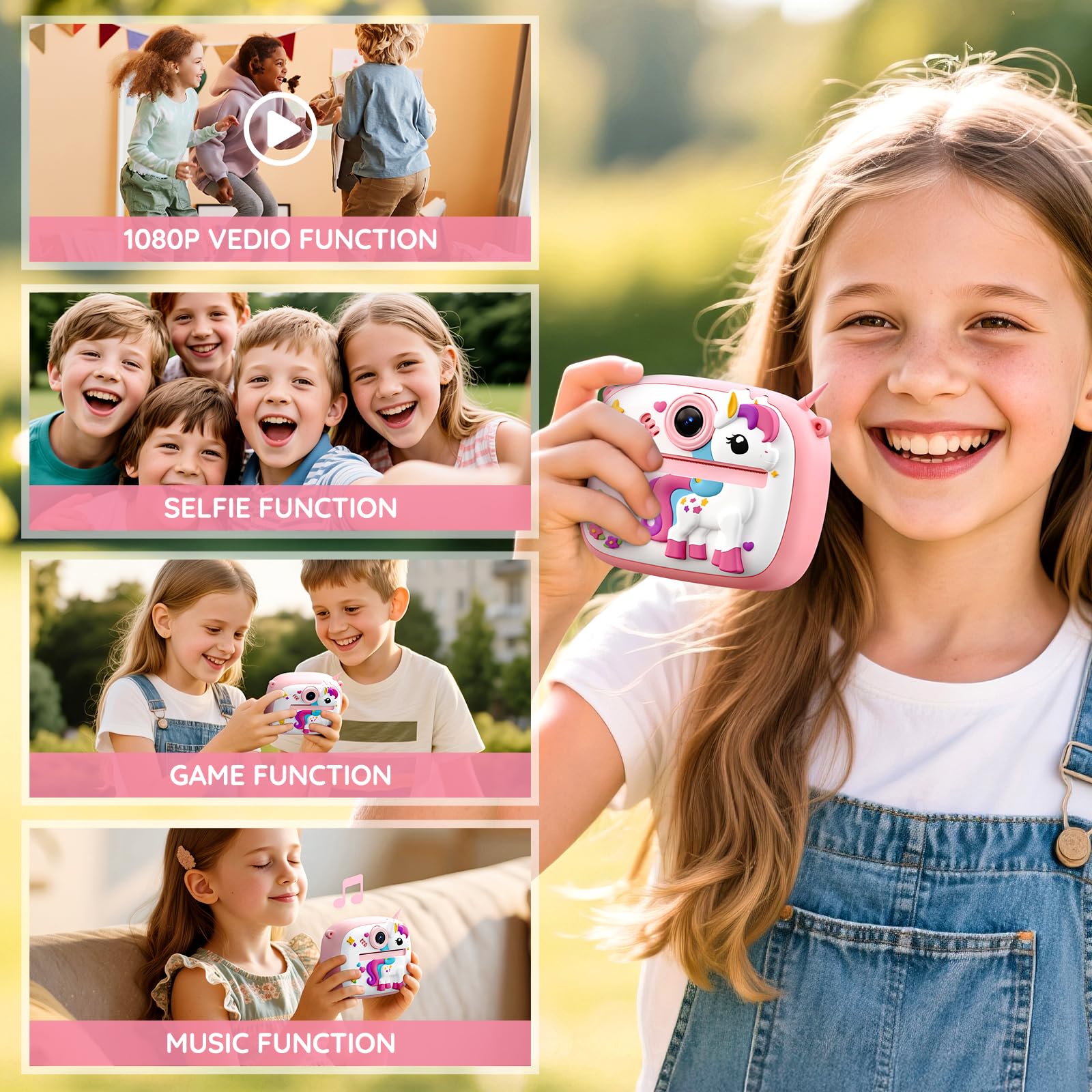 YOZISS Macchina Fotografica Bambini Istantanea, 1080P macchina fotografica istantanea bambini con 3 Rotoli di Carta da Stampa, Regalo per Bambini dai 3 a 14(Pony Rosa)