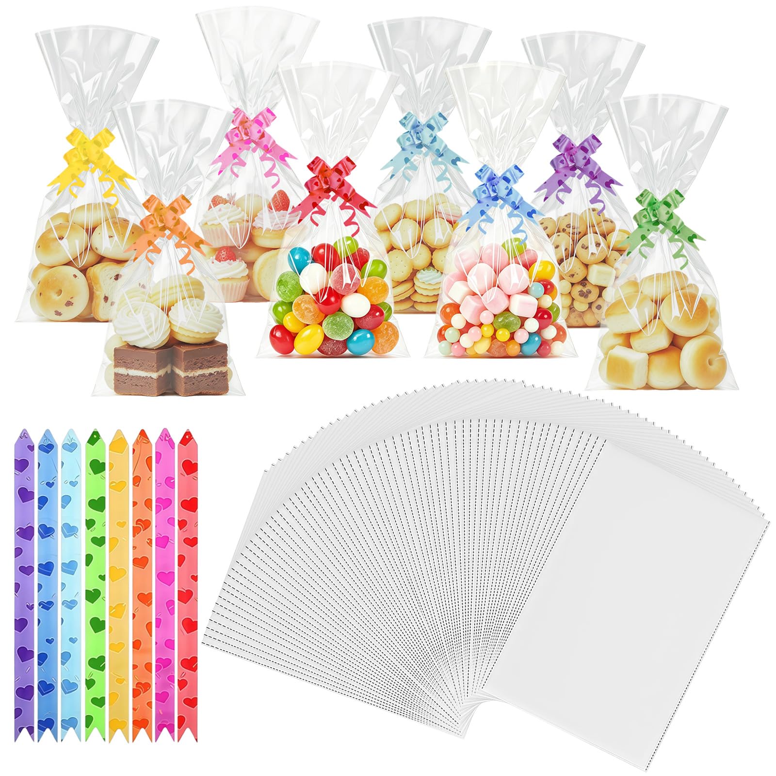 80 Pcs Clear Sweet Bags Cellophane Wrap,8 x 11 Inch Clear Cellophane Bags 80 Colorful Pull Bows, Cookie Bags Cellophane Suitable for Packaging Gifts Desserts and Snacks