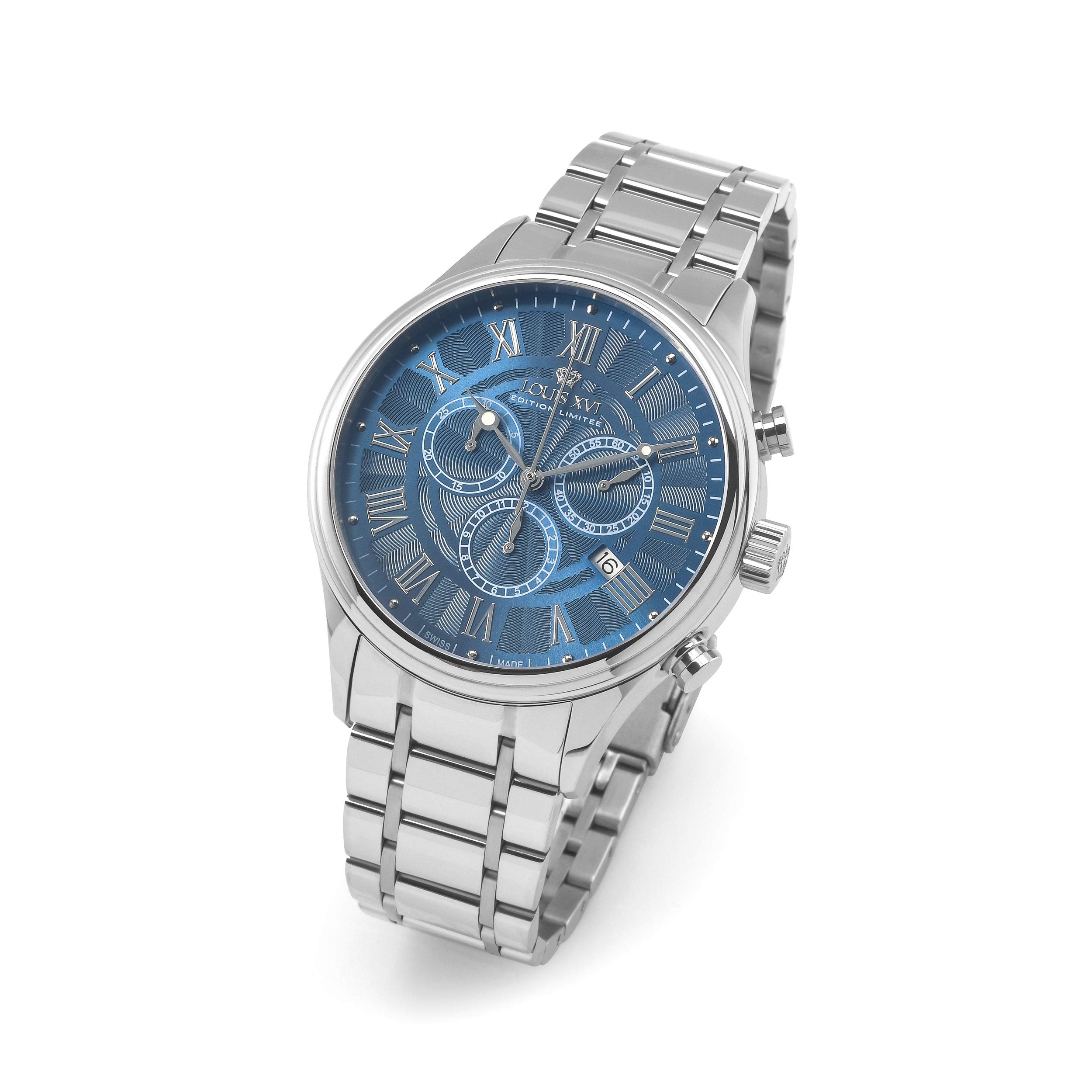 LOUIS XVI Herren-Armbanduhr Danton Silber Blau Stahlband Römische Zahlen Chronograph Analog Quarz Edelstahl 977