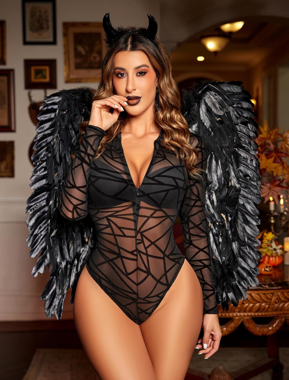 Avidlove Women's Mesh Bodysuit - Long Sleeve Snap Crotch See Through Zipper Sheer Leotard - Image 2