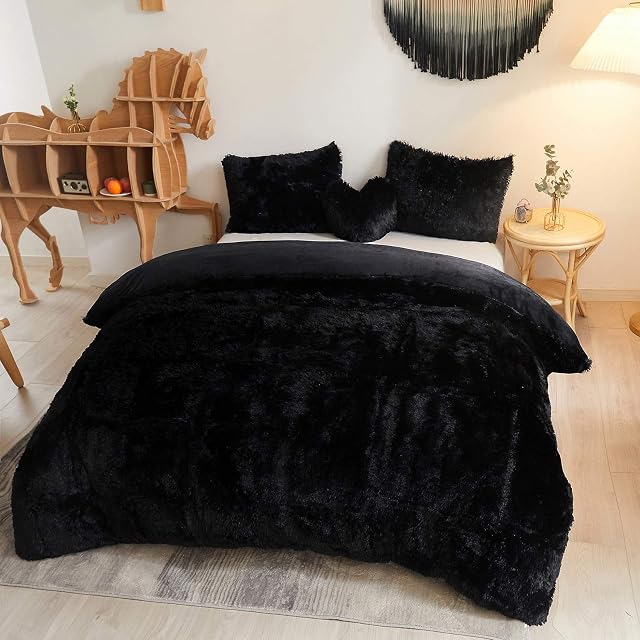 MEGO Ensemble de couverture de couettes Shaggy Plush de luxe, Ultra Doucement 3 Ensemble de housses pour le confort de la fourrure, ensemble de literie floue(1 Couverture de duvet à fourrure + 2 Shams d'oreiller), fermeture à glissière (Roi, Noir)