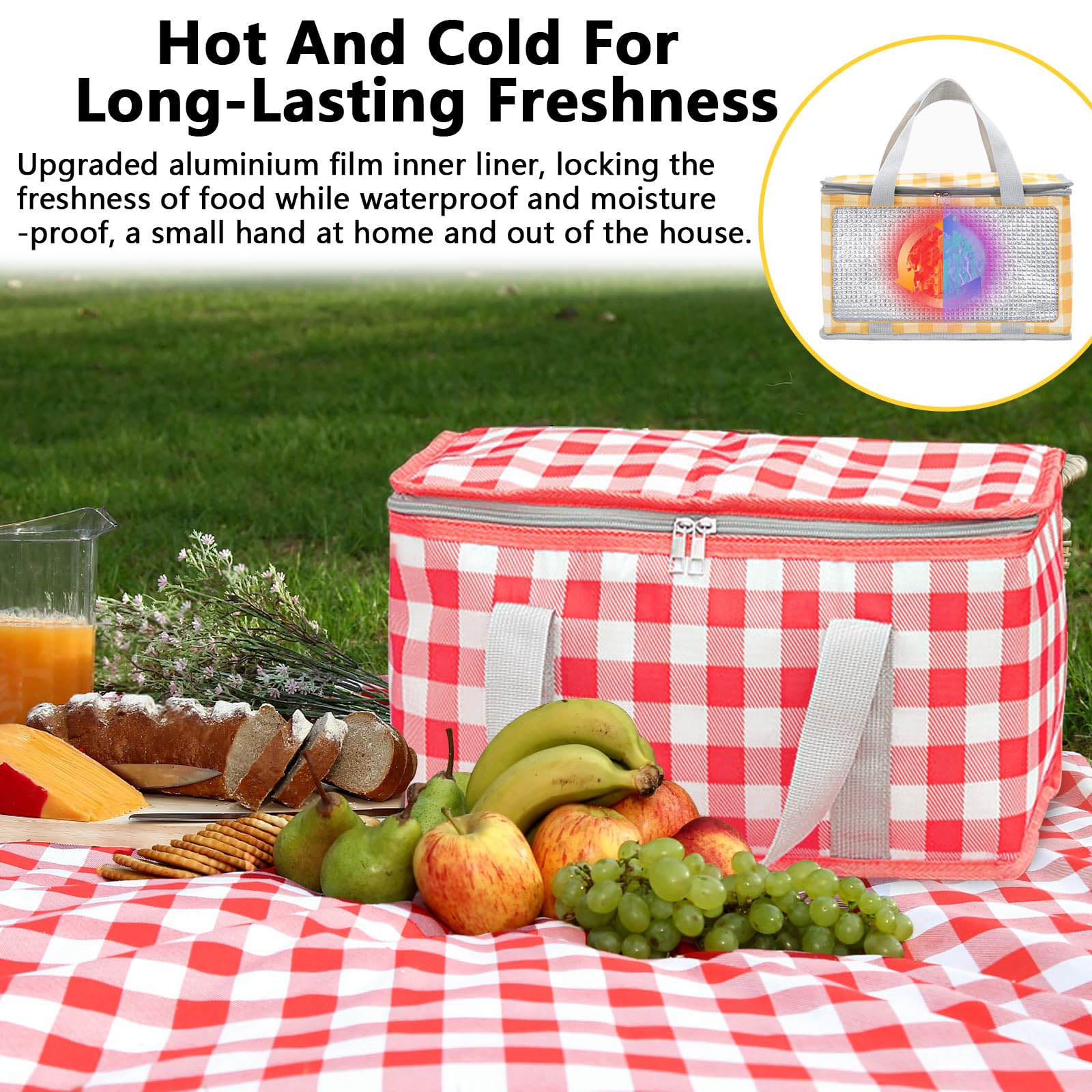 Huakaile Insulated Picnic Baskets 13.8*7.9*7.9 In with Picnic Blanket 70.9*70.9 In, Portable Waterproof Insulated Bags - Image 4