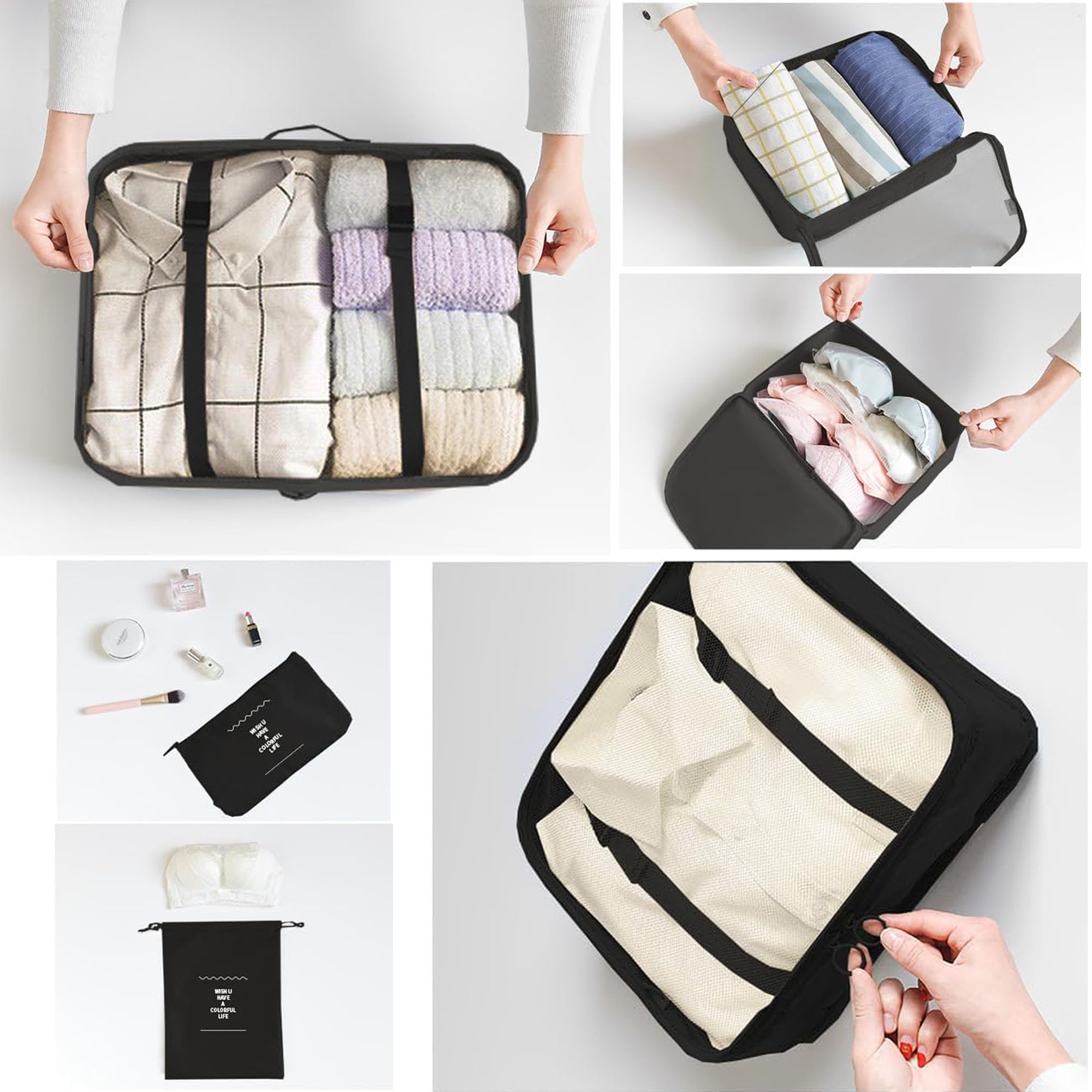LANSKLBD 6/8 Set Packing Cubes for Suitcases Travel Luggage Packing Organizers,Travel Accessories Essentials Luggage Organizer with Shoe/Tioletry/Laundry Bag (Black, 6 set) view 4