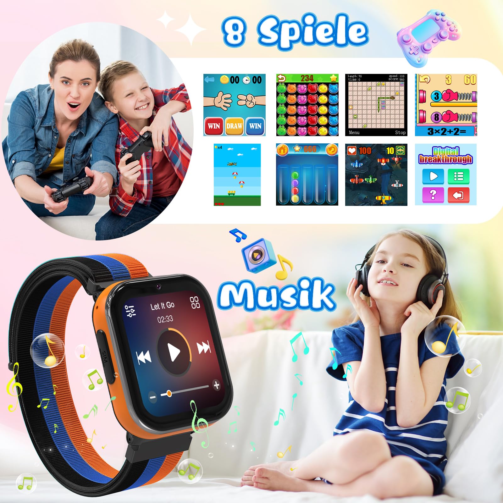 PTHTECHUS Reloj Inteligente para Niños 4G, Reloj Teléfono para Niños con Función de Llamada, Llamadas Bidireccionales, Cámara, MP3, SOS, Learn Card, Regalo para Niñas Negro