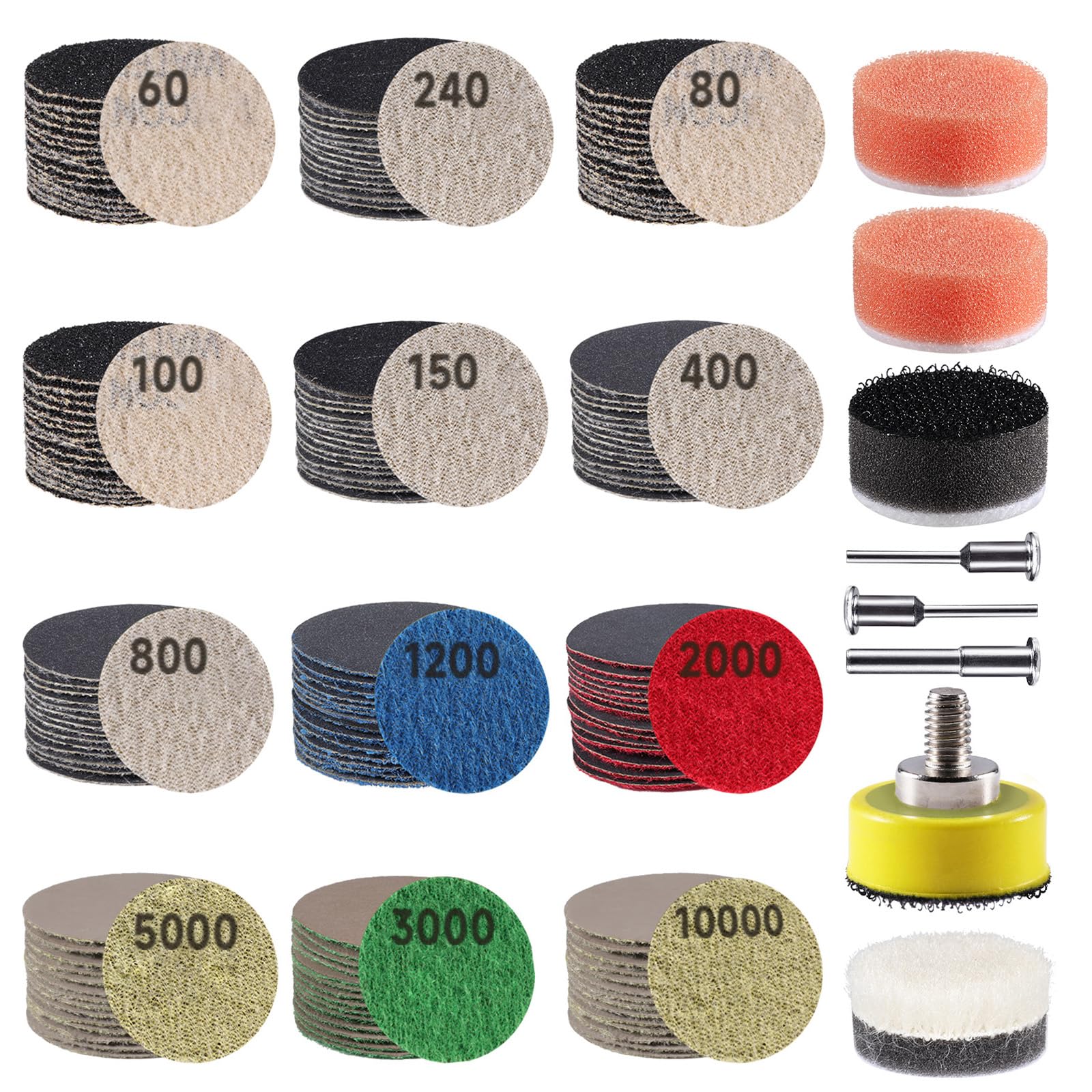 188 PCS 1 Inch Sanding Discs, GOH DODD Hook and Loop 60 to 10000 Grit Wet Dry Sandpaper Micro Sand Paper with 1/8" 1/4" Shank, Backing Pad, Polishing Pads, Foam Pads for Auto Metal Glass Resin Wood