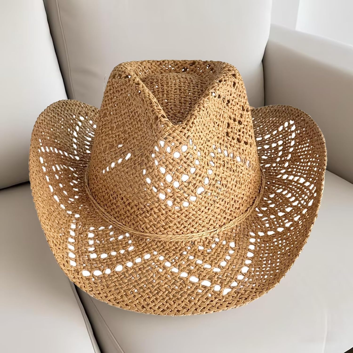 Womens/Men Summer Straw Cowboy Hats Hollow-Out Bucket Sun Protection Beach Holiday Sun Cap Cowgirl Hat