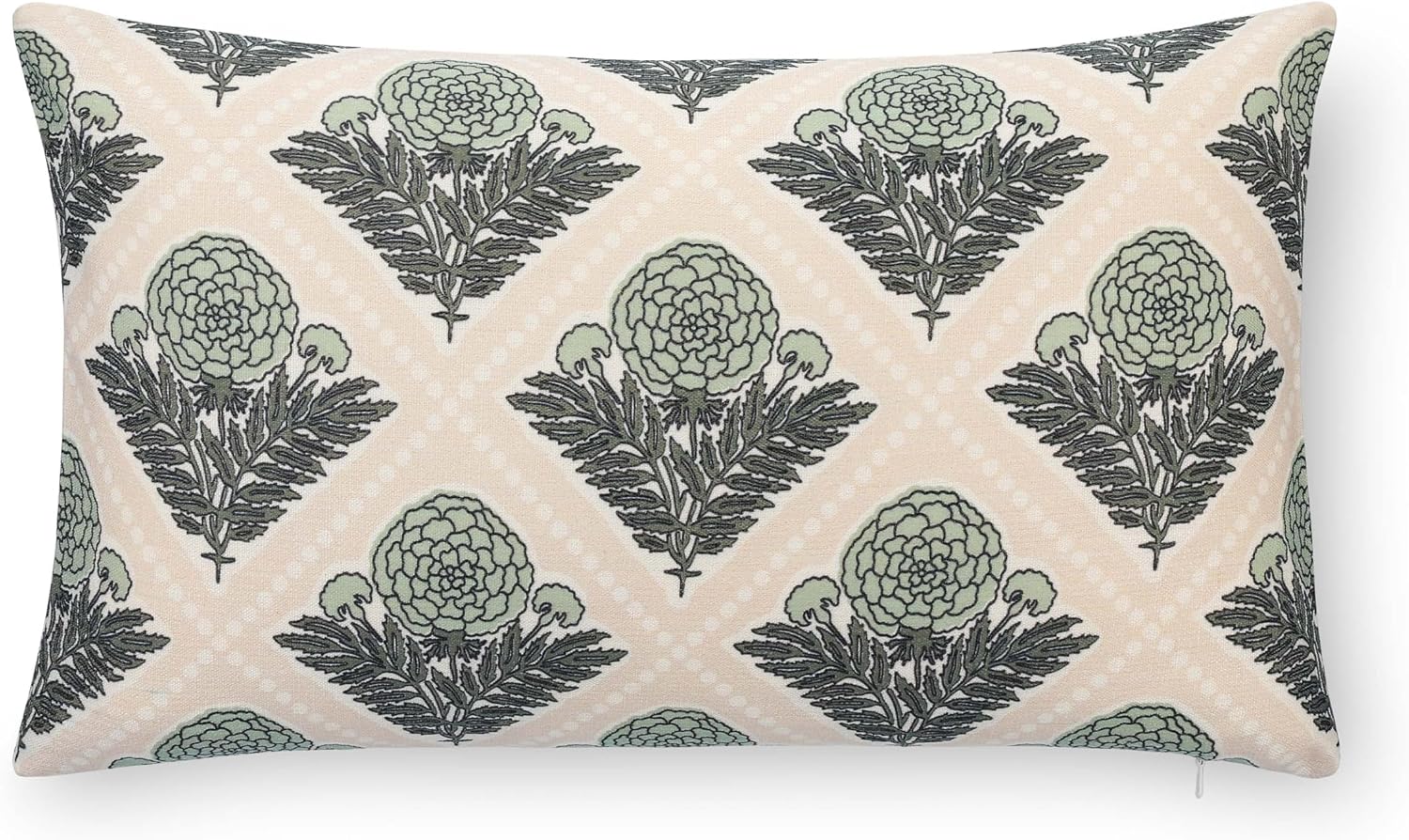 Crumbs Home Modern Farmhouse California Casual Indoor Outdoor Lumbar Pillow Cover, 12"x20" Water Repellent for Patio, Backyard, Couch, Earth Tone Light Green Tan Block Print Vintage Hydrangea Flowers