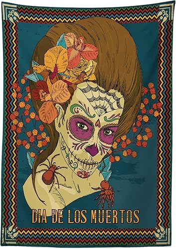 Miniatura 5 de Ambesonne Mantel del Día de los Muertos, Dia de Los Muertos, estampado de niña con corazones de rosas, mantel rectangular para decoración de comedor