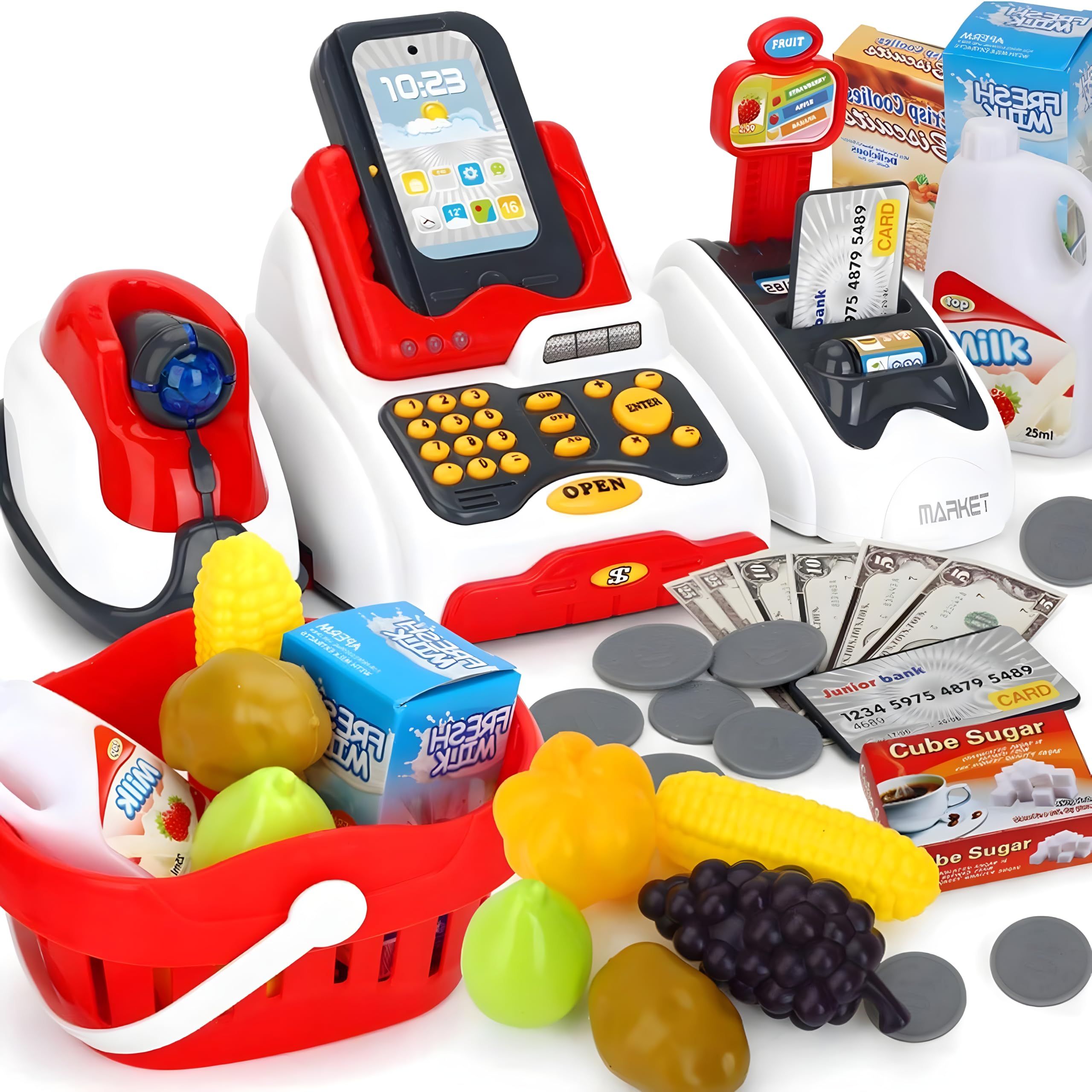 Cable World® Kids Supermarket Cash Register Toy Set with Scanner, Card Reader, Toy Mobile Phone, Shopping Basket, Play Money, Grocery Accessories, Light & Sound Educational Pretend Play Gift for Kids-image-10