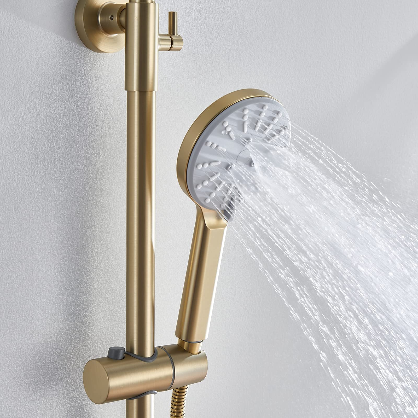Set combinato per doccia con maniglia singola, montaggio a parete, con soffione doccia, doccetta a mano, beccuccio per vasca a cascata, cromato (oro spazzolato)