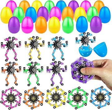 24 Set Prefilled Easter Eggs with Fingertip Spinner Sensory Toys,Transformable Chain Robot Fidgets Spinners Toy,Easter Basket Stuffers Easter Egg and Party Favor Basket Stuffers Filler Classroom Prize