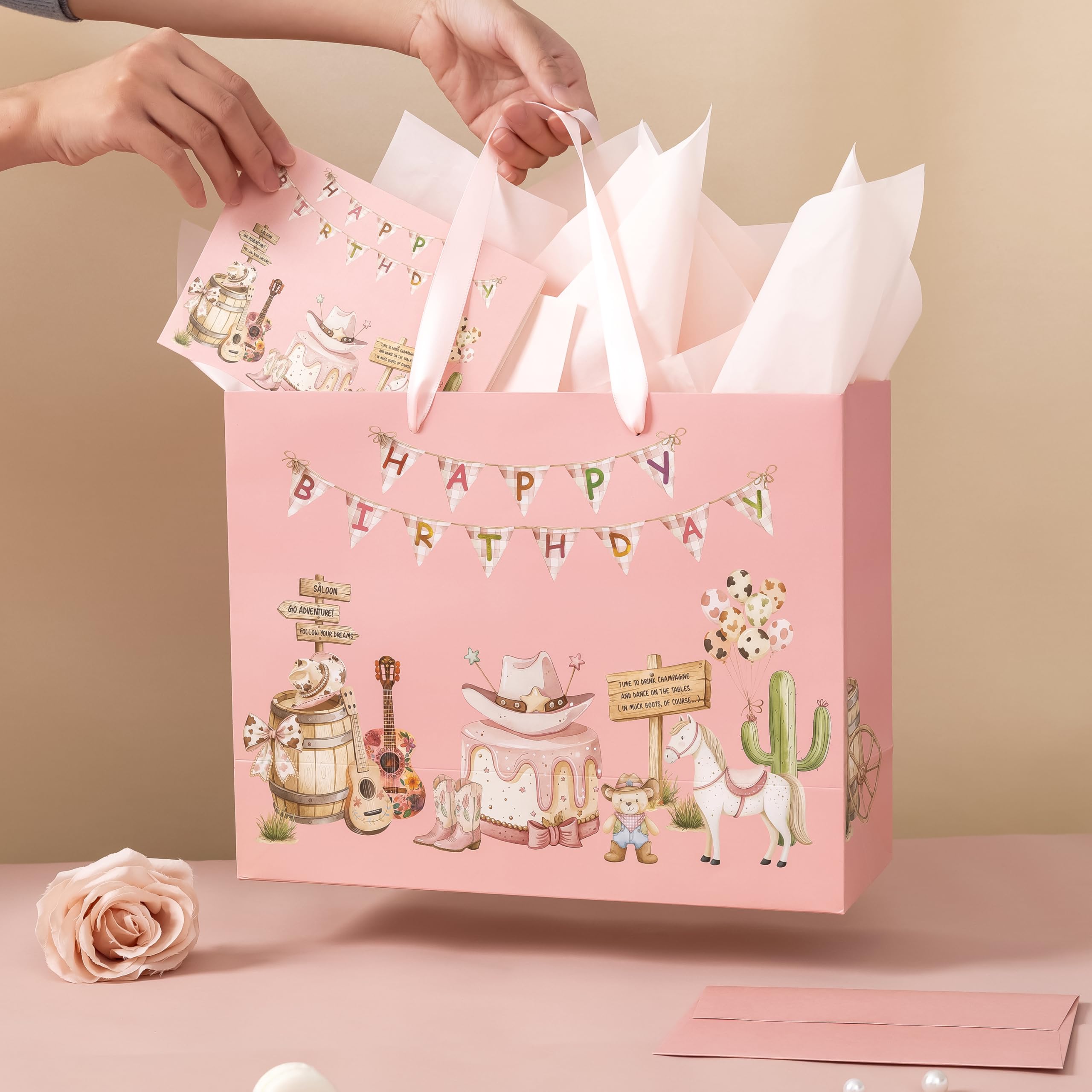 Crisky Large Cowgirl Birthday Bags for Girls with Card and Tissue Papers, Pink Bear Large Girl Birthday Gift Bag for Western Cowgirl Party Favors Decorations Bday Gifts, 13"