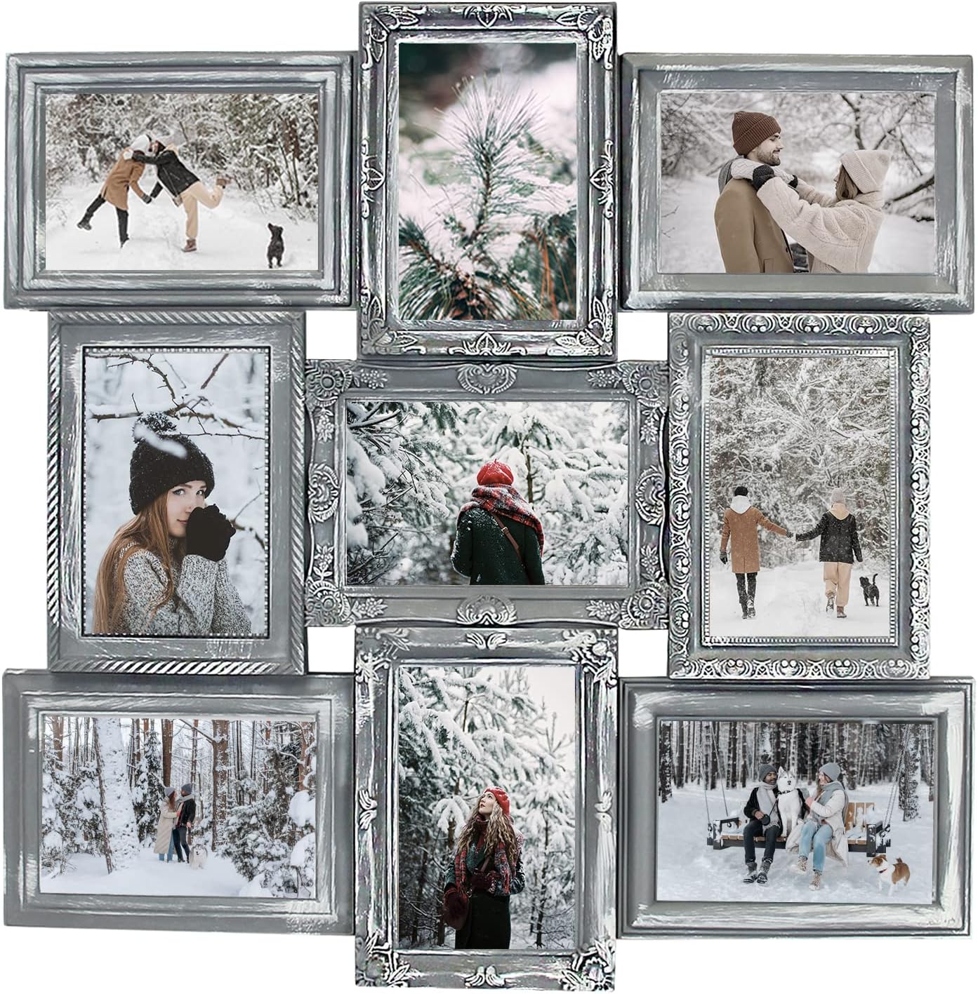 J.M.DecoPicture Frame Sets for Wall, 9 Opening Collage Frame, 6 x 4 With Family Friend's Memory, Rustic Distressed Photo Frame Wall Hanging for 4x6, Ashes