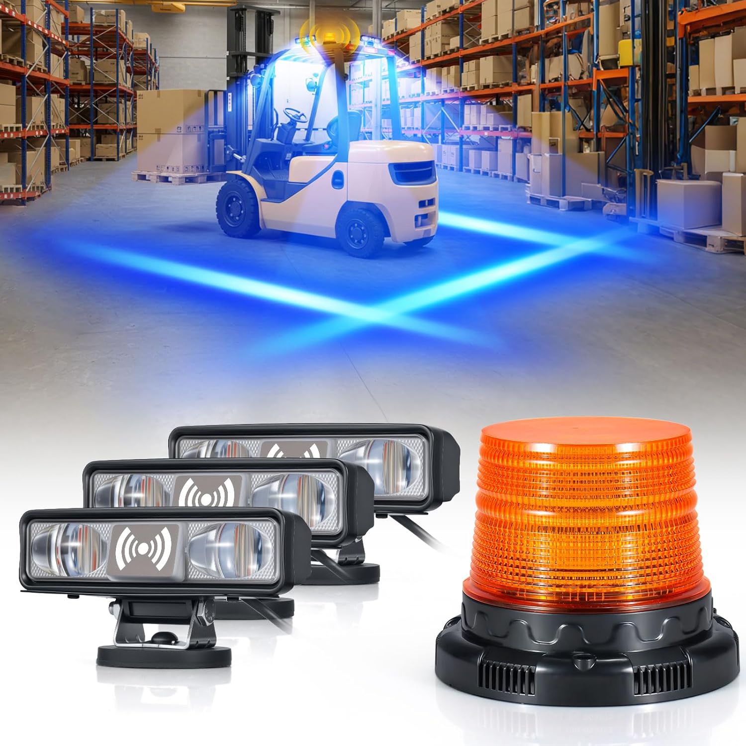 Radar Motion Alarm System Safety Warning, Magnetic Forklift Safety Light 3‑Pack with Radar Sensor, Flashing LED Amber Strobe Light with Voice Alarm for Enhanced Warehouse Safety, DC 12–100V