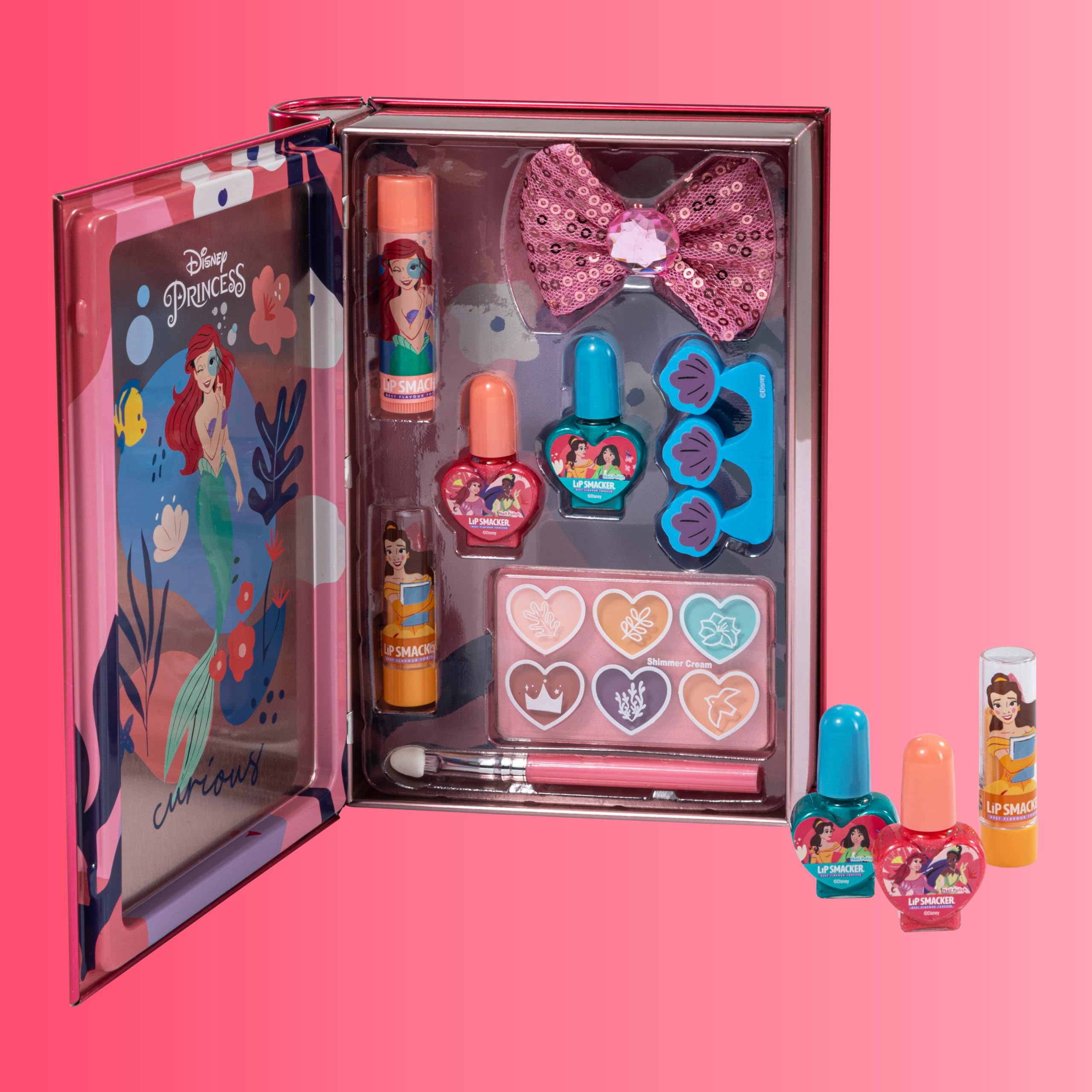 Lip Smacker Disney Beauty Book Tin, Zestaw do Makijażu dla Dziewczynki z Pomadkami, Błyszczykami, Lśniącymi Cieniami do Powiek i Lakierami do Paznokci, w Tym Akcesoria do Włosów i Makijażu