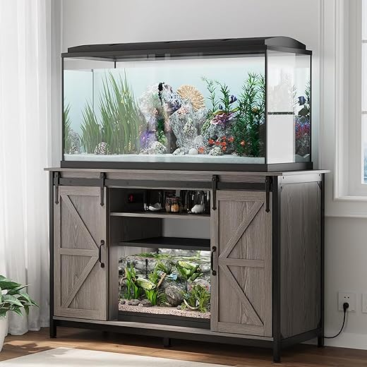 VOWNER Farmhouse 55-75 Gallon Fish Tank Stand with Power Outlet, Aquarium Stand with Storage Cabinet and Sliding Barn Door, Heavy Duty Reptile Tank Stand, for 2 Tanks, 1000LBS Capacity, Grey