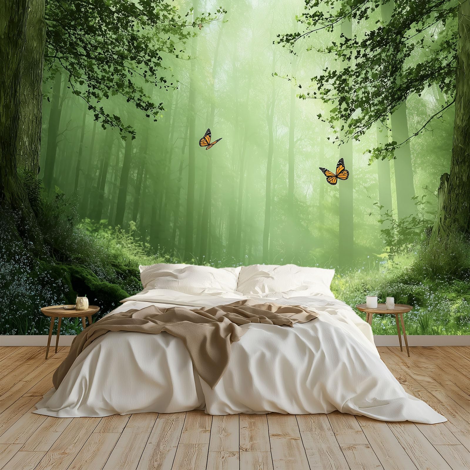 Générique Papier Peint 3D Effet Panoramique Photo Mural 450 x 280 cm Fantaisie Nature Forêt Papillon Papier Peint Tapisserie Poster Panoramique Salon Chambre D'Enfants Décoration Murale, Vert Forêt