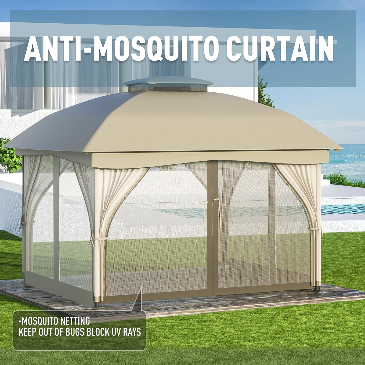 A gazebo with mosquito netting curtains drawn, showing the netting's ability to keep out bugs and block UV rays.