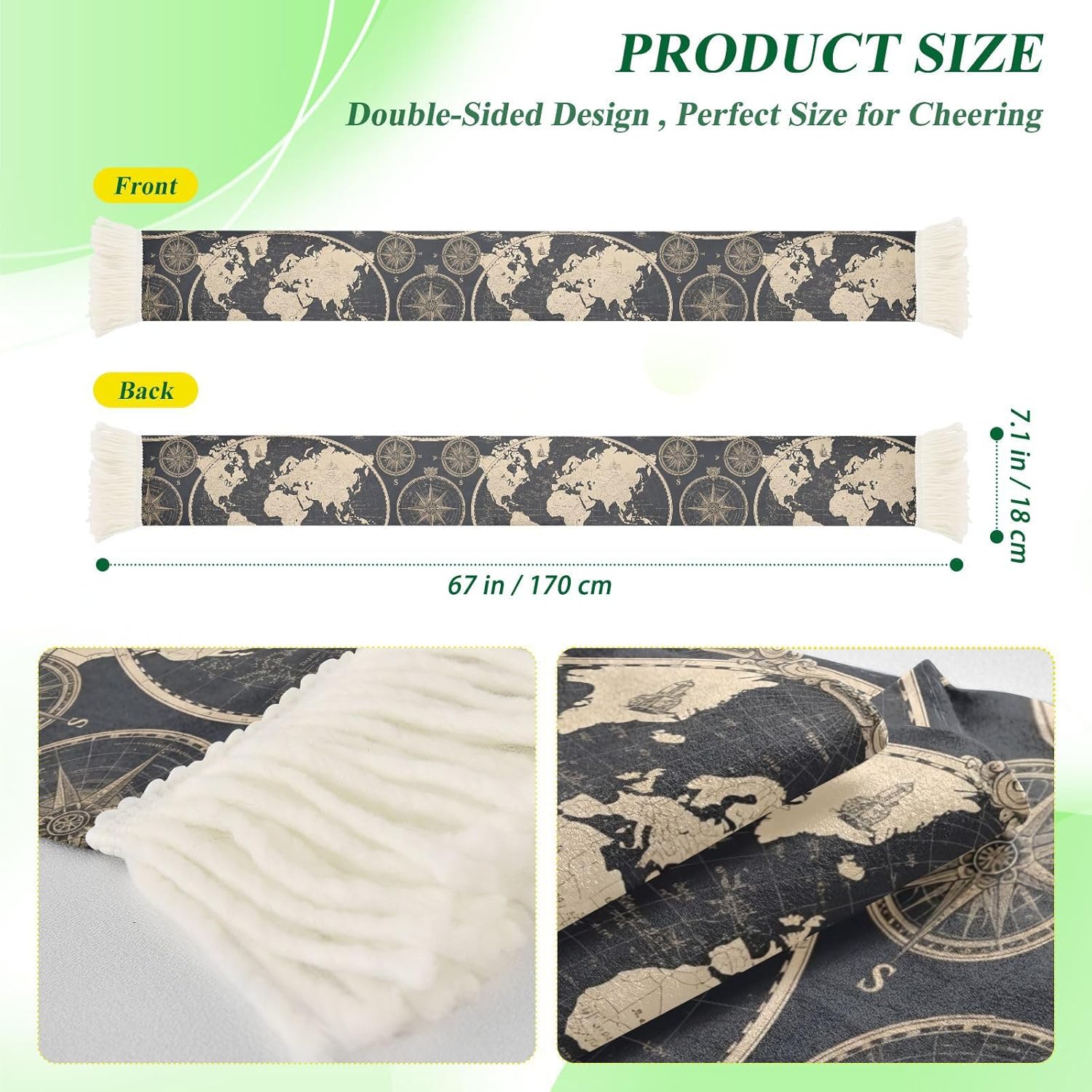 CHIFIGNO Vintage Nautical Map Black Sports Fan Scarf, Quick Dry Polyester Scarf for Sweat Wiping and Game Day Support, Comfortable and Soft